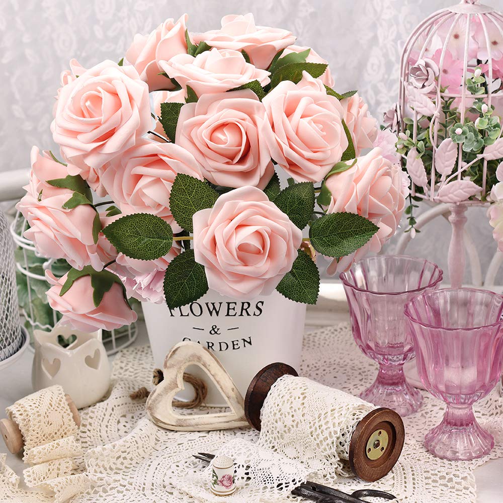Mocoosy 50Pcs Artificial Roses Flowers, Blush Pink Roses Artificial Flowers Foam Fake Roses with Stem for Wedding Bridal Bouquets Party Centerpieces Artificial Flowers Crafts DIY Home Decoration