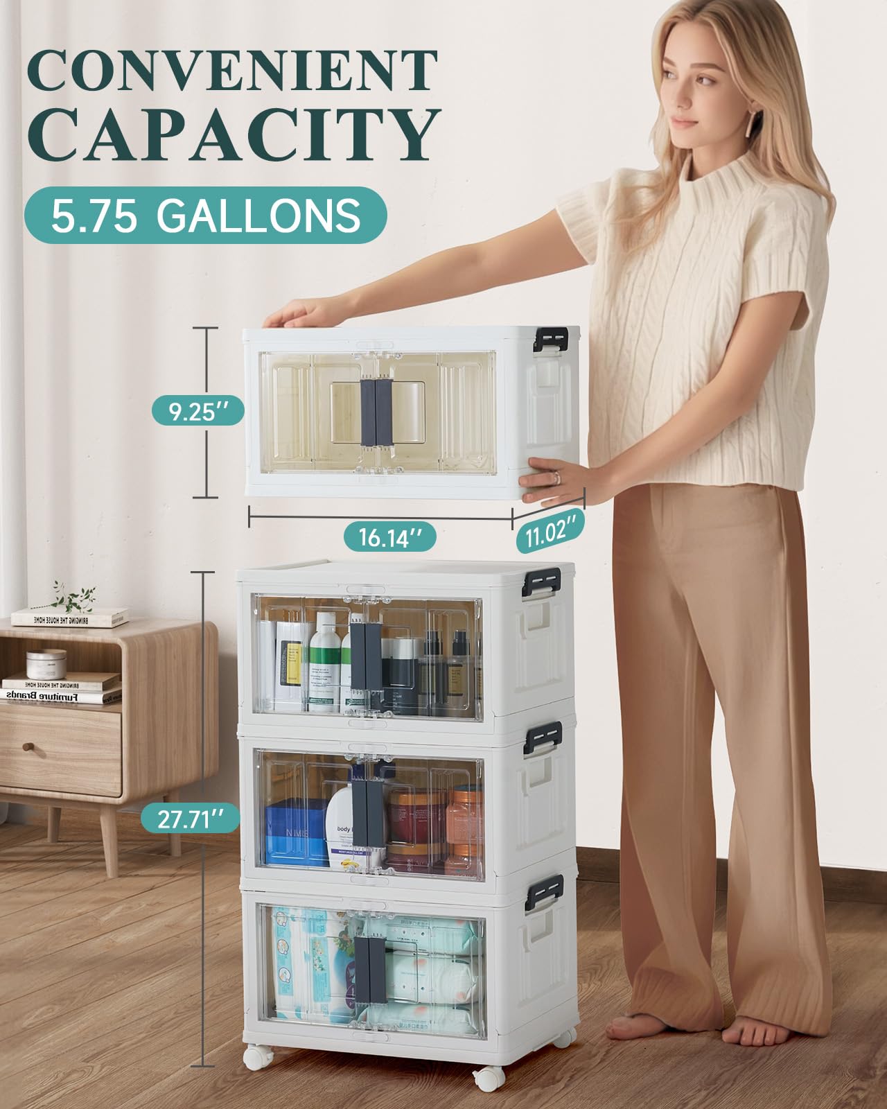 OlarHike 23QT Stackable Storage Bins with Lids - Folding Storage Box with Doors and Wheels, Collapsible Plastic Organizers for Closets and Organization, Bathroom, Drawers, Office, Gifts, 3 Pack
