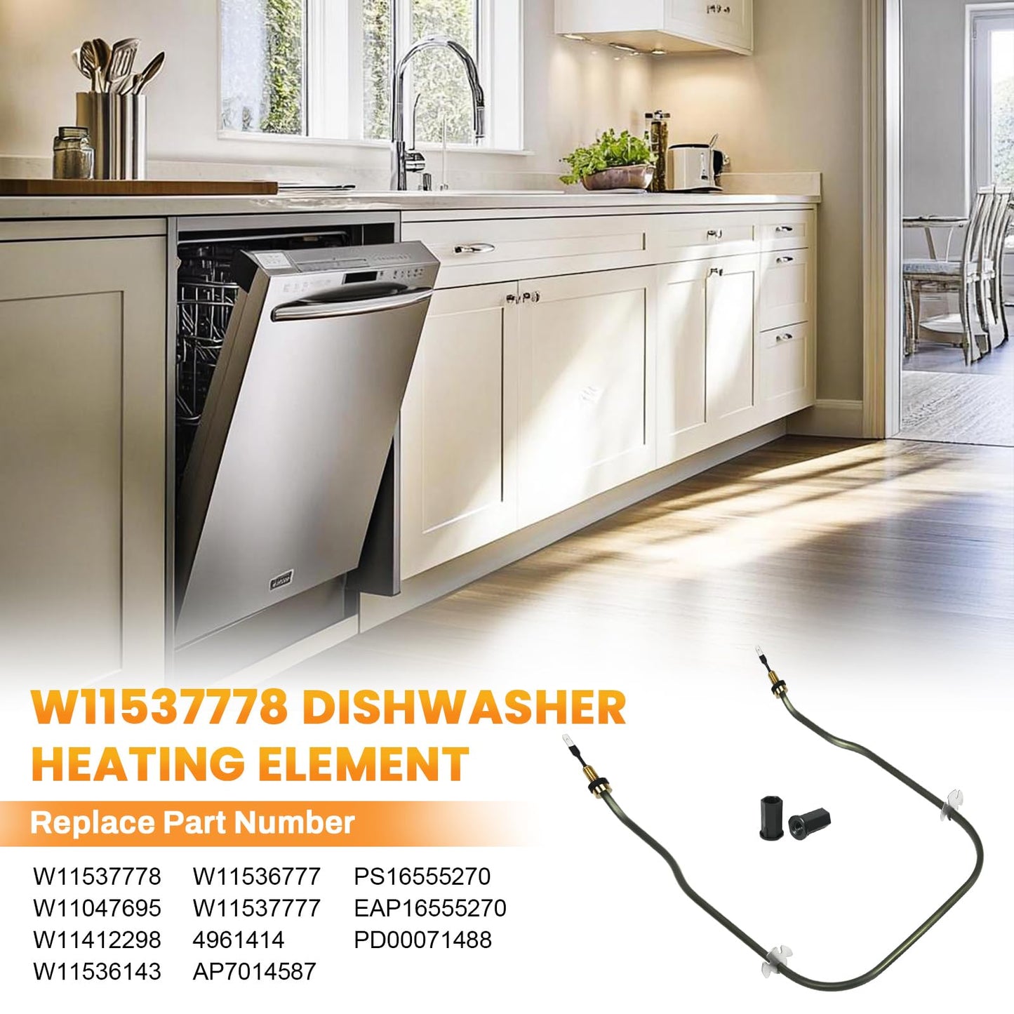 W11537778 Dishwasher Heating Element with W11538351 Terminal Nuts Replace W11537778 W11412298 W11536143 W11536777 W11537777 AP7014587 Compatible with Kenmore Jenn-Air KitchenAid Maytag Whirlpool