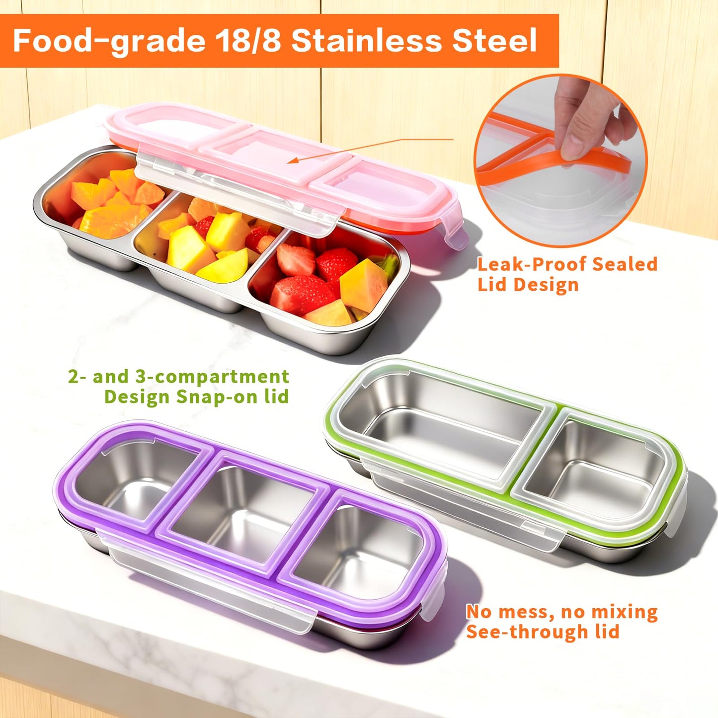 YJSLICT 4 Pack Stainless Steel Snack Containers with Lids, 3-Compartments Reusable Lunch Box for Adults, Food Storage Containers Divided Meal Prep Box for Home, Work, Travel