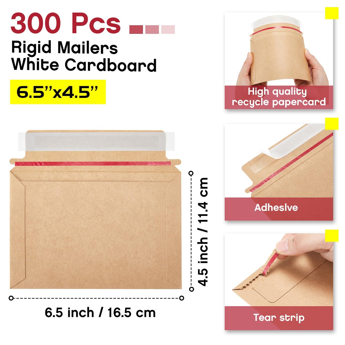 Affrolling Rigid Photo Mailers with Self-adhesive Cardboard Card Shipping Envelopes Bulk for Document(6.5 x 4.5 Inch,Brown,300 Pcs)