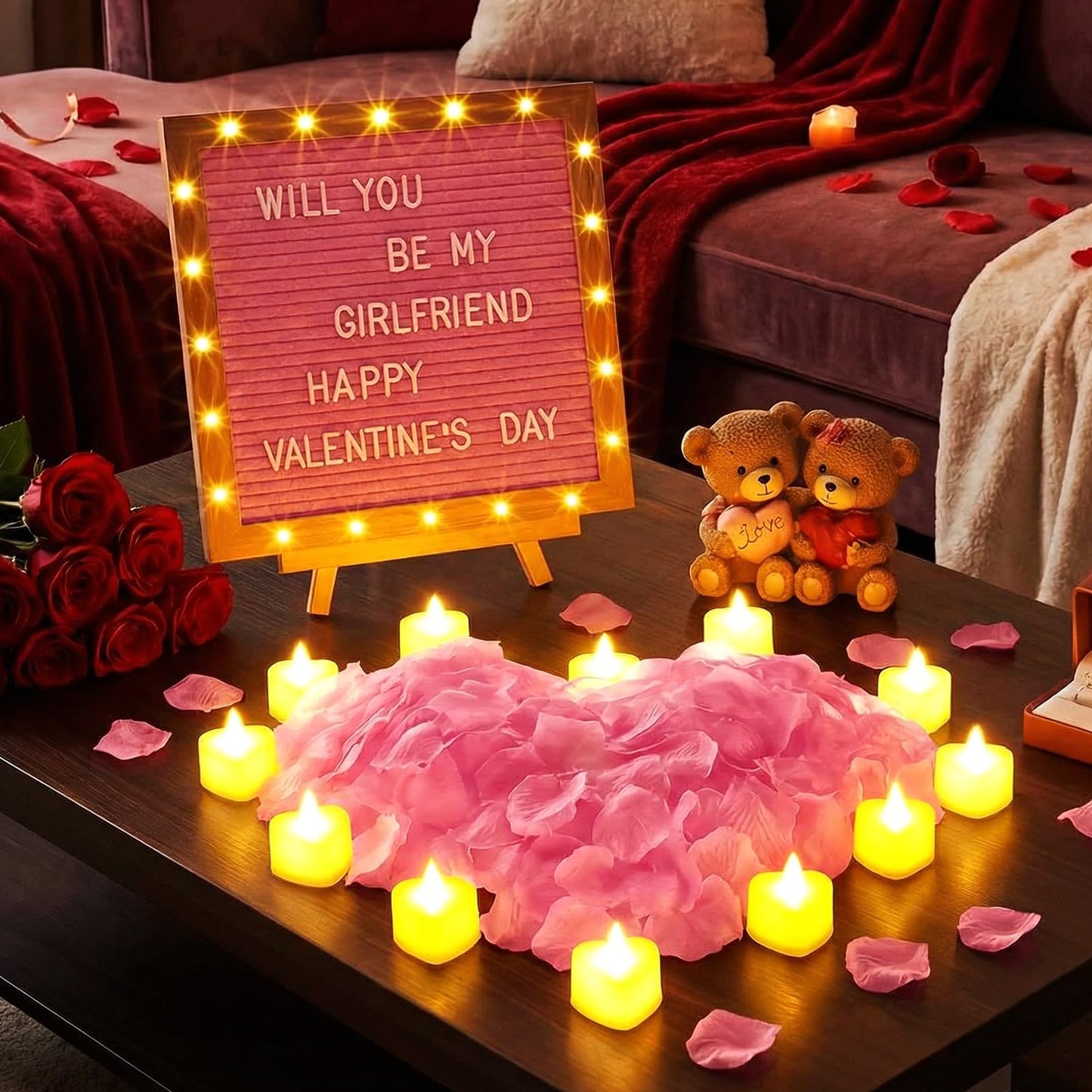 Ceenna Will You Be My Girlfriend Romantic Sign with LED Candles and Artificial Rose Petals, Valentine's Day DIY Felt Letter Wood Board Sign with Lights for Valentine's Day Anniversaries Party(Pink)