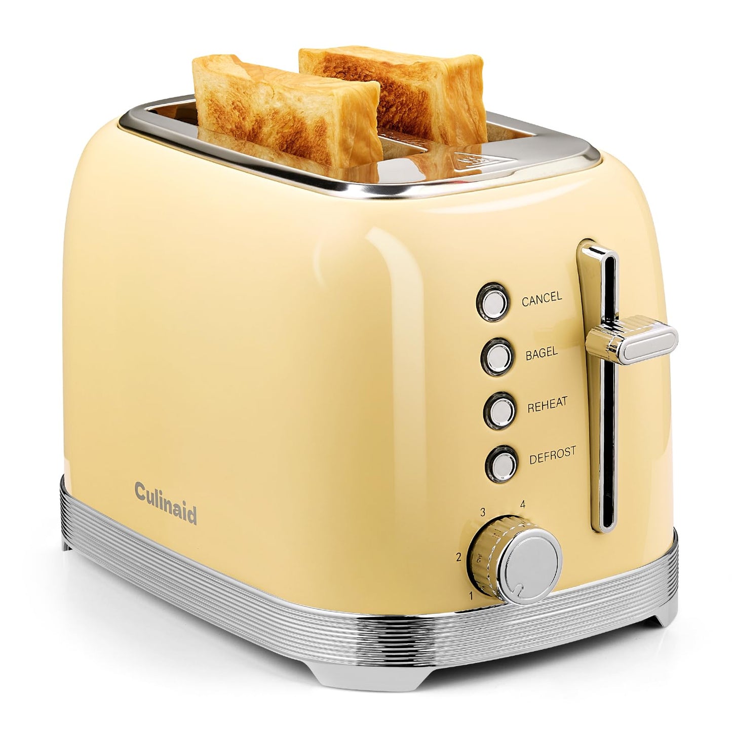 Culinaid Toaster 2 Slice Retro Stainless Steel with 1.5” Extra Wide Slots Bagel, Defrost, Reheat, Cancel Functions, 6 Bread Shade Settings, Removable Crumb Tray, Yellow