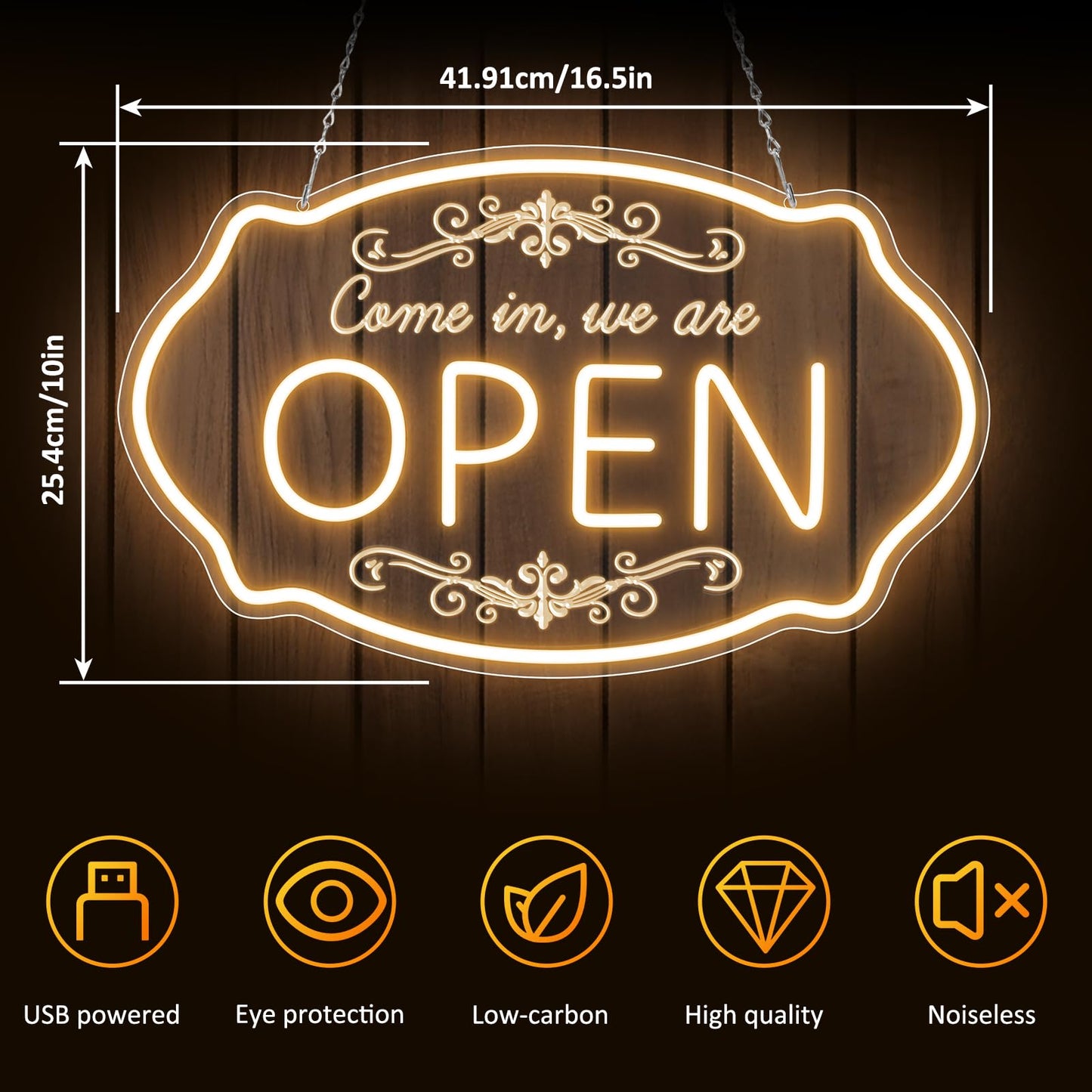 Open Sign for Business, 16.5 x 10 Inch Come In We're Open LED Neon Sign, Adjustable Brightness Warm White Window Sign for Storefront, Coffee Shop, Salon, Restaurant, Bar