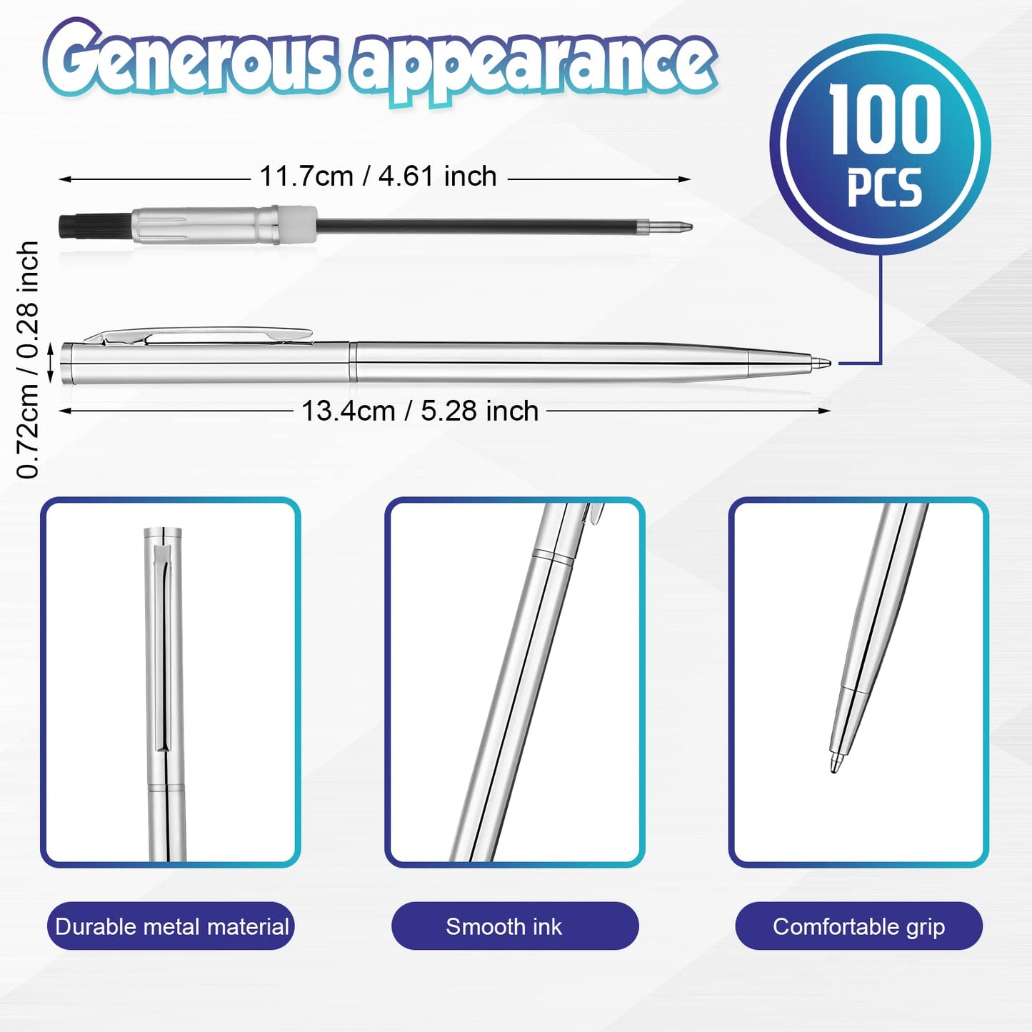 Lincia 100 Pieces Silver Slim Metal Ballpoint Pen 1 mm Medium Black Ink Smooth Writing Silver Retractable Point Metal Pen for Graduation Office Business Students Teachers Wedding Guest(Stylish)