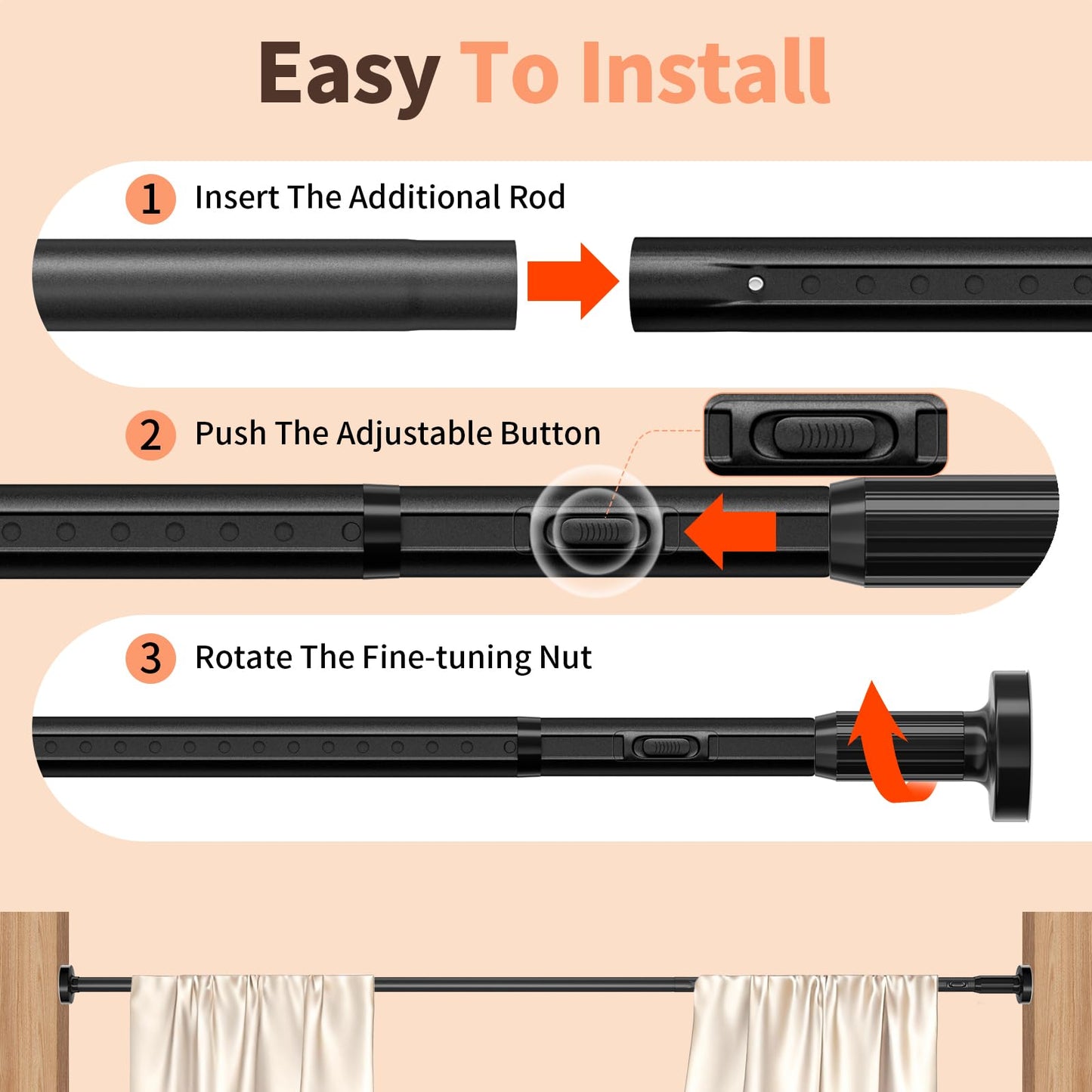 Tension Curtain Rod 41-173In, Outdoor Extra Long Curtain Rod No Drilling for Window or Bathroom Patio, Adjustable Heavy Duty Shower Curtain Rod, Easy to Install, Never Rust, Non-Slip-Black