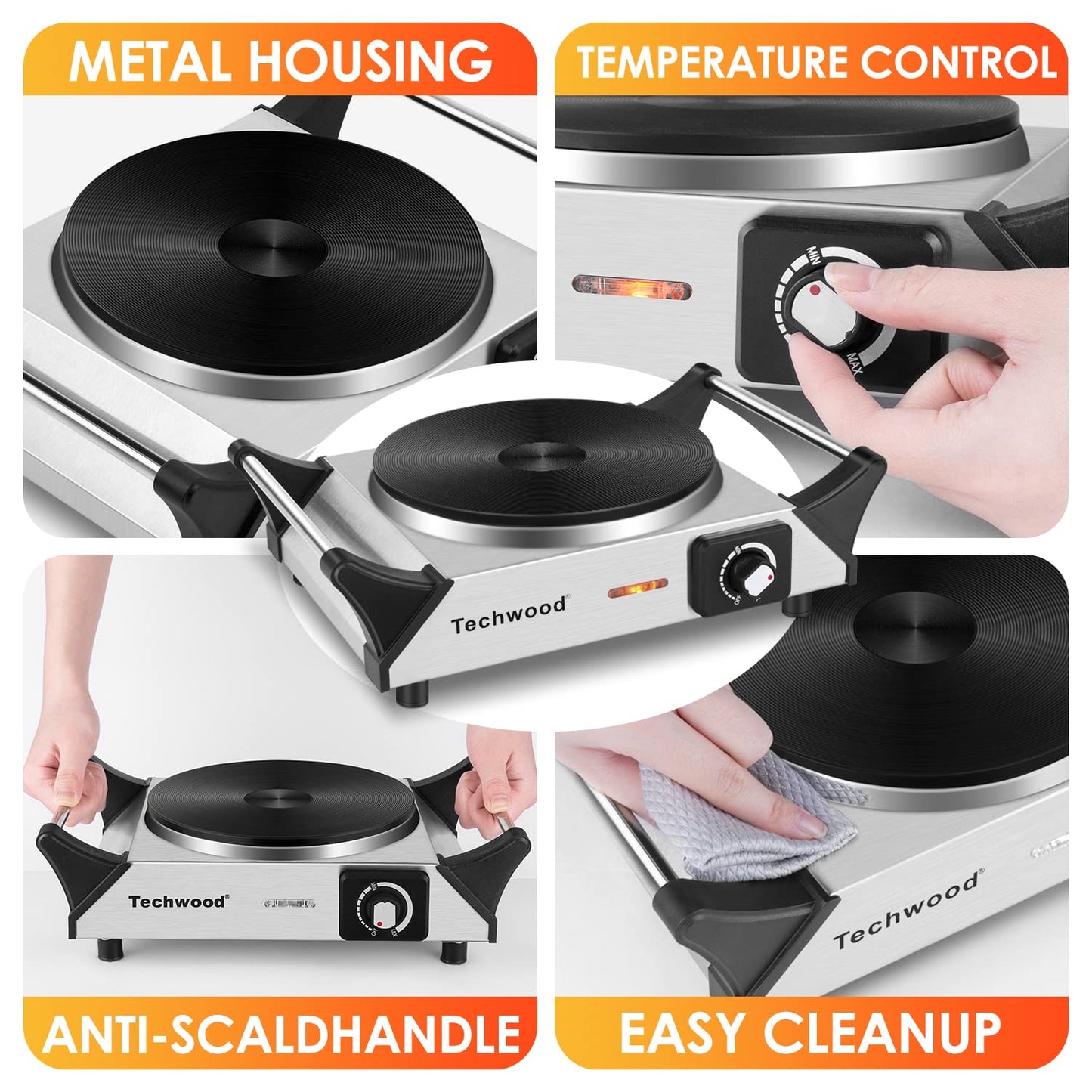 Hot Plate, Techwood Single Burner for Cooking, 1500W Countertop Electric Stove with Adjustable Temperature & Stay Cool Handles, 7.3" Cooktop for RV/Home, Upgraded Version Silver