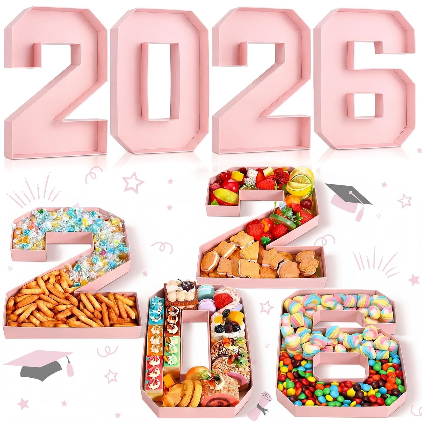 Mooliwe 4 Pcs 2026 Graduation Fillable Numbers for Charcuterie Class of 2026 Cardboard Number Grad Charcuterie Board Serving Trays Graduation Food Box for Tray Party Supplies(Pink)