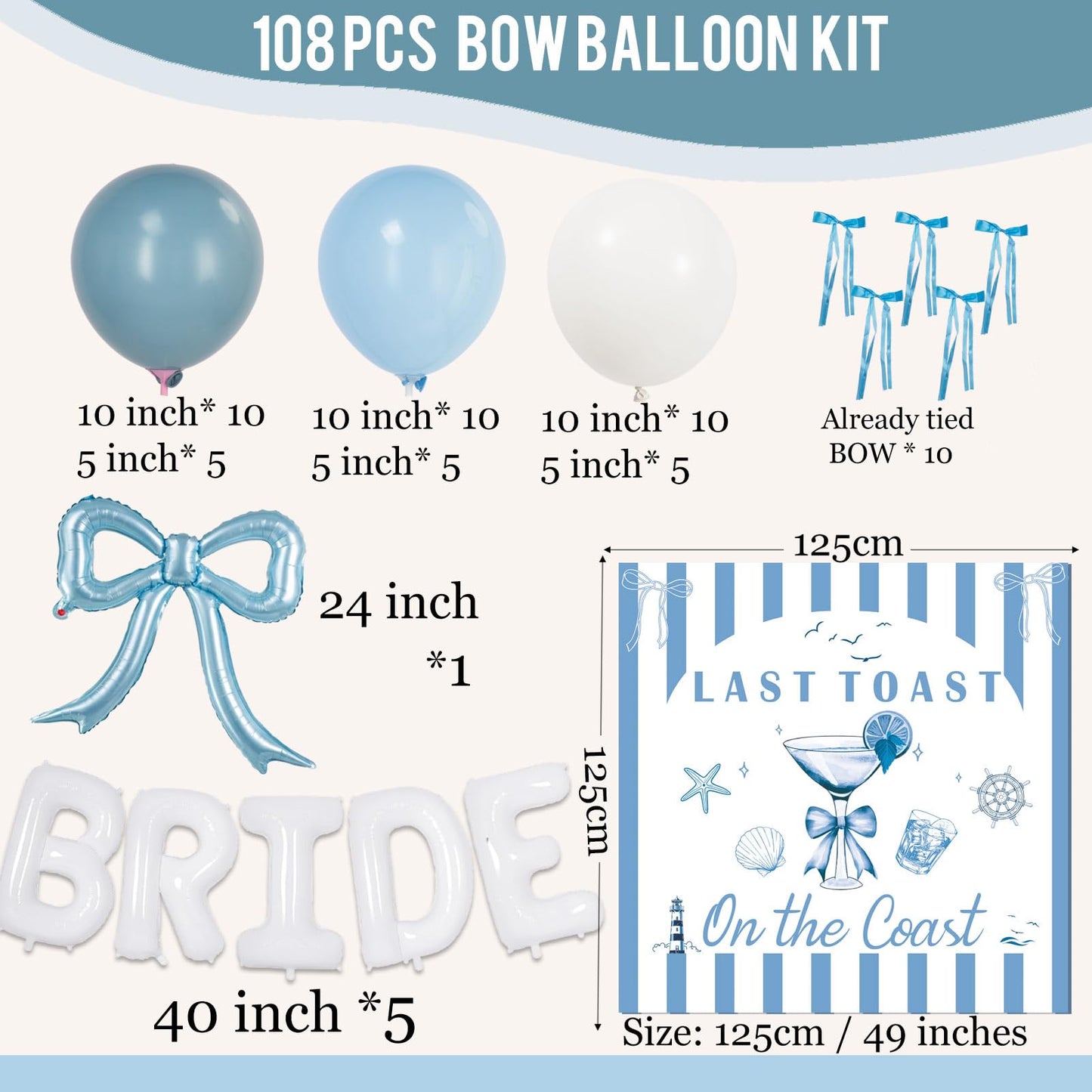 Last Toast on the Coast Bachelorette Decorations Blue bridal shower Balloon Garland Kit with 1.5m Backdrop Huge 40 inch BRIDE letter balloons for Hen Party Wedding Engagement supplies