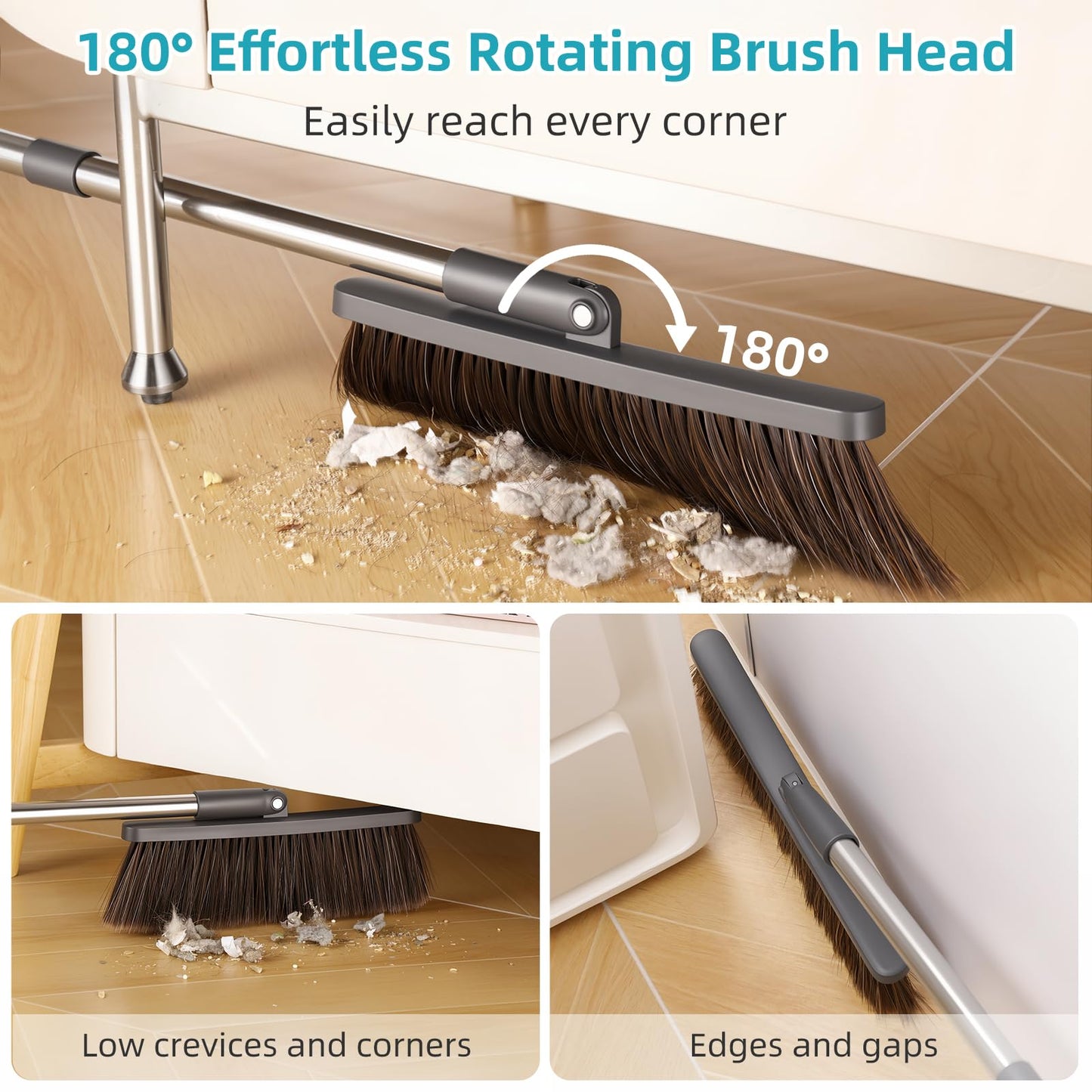 MOPALL Broom with Dustpan Combo Set with 52.5" Extra Long Handle, Self-Cleaning Dustpan Teeth for Dog Cat Pets Hair, 180° Swivel Brooms Head for Sweeping Indoor, Includes 2 Broom Heads