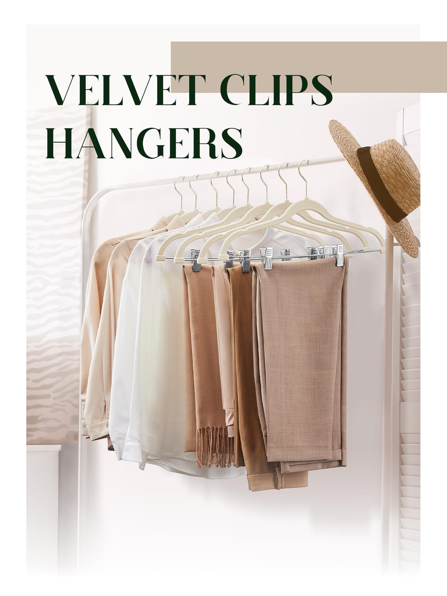 Cozymood Velvet Skirt Hangers - Pack of 24 - Velvet Hangers with Clips Ultra Thin Non Slip Velvet Pants Hangers Space Saving Clothes Hanger for Trouser, Skirts, Jeans, Dress (Beige)