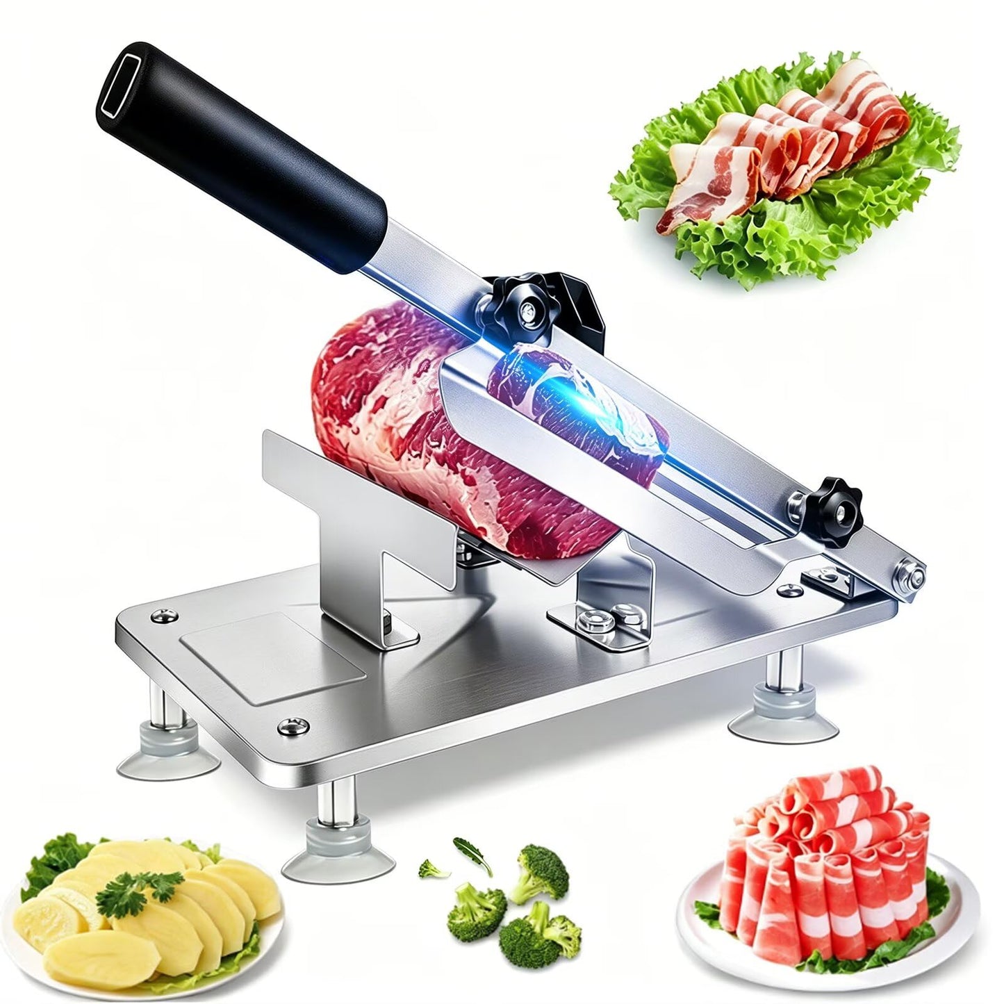 Manual Meat Slicer Frozen Meat Cutter Upgraded Stainless Steel Meat Cleavers Beef Mutton Roll Slicing Machine Vegetable Meat Slicer for Home Cooking Hotpot Shabu WG(Silver,17"x7")