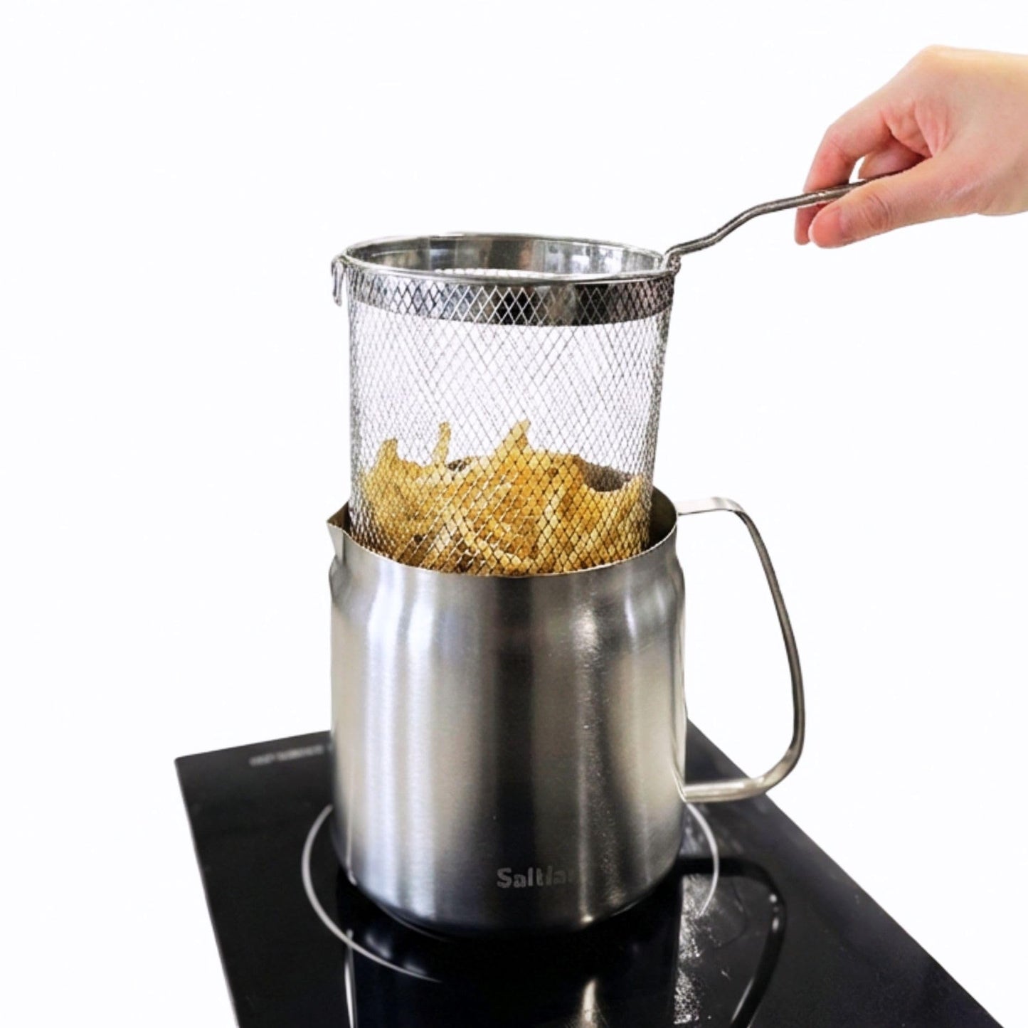 Saltlas Deep Fryer Pot with Basket and Oil Strainer, 304 Stainless Steel Deep Frying Pot for French Fries, Chicken, or Japanese Tempura, 3.5 L (3.7 qt)