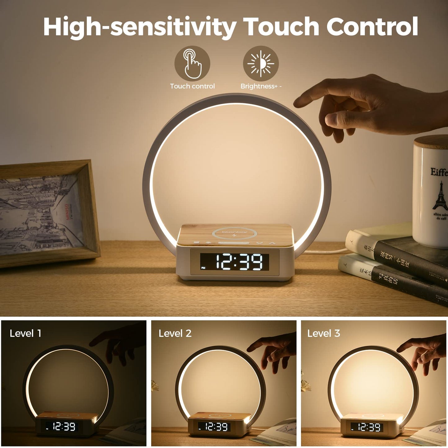 Blonbar Desk Lamp with Alarm Clock Qi Wireless Charger, Touch Lamp for bedroom 3 Light Hues, Bedside Lamp 10W Max Wireless Charging Table Lamp LED Eye-Caring Reading Nightstand Light for Living Room