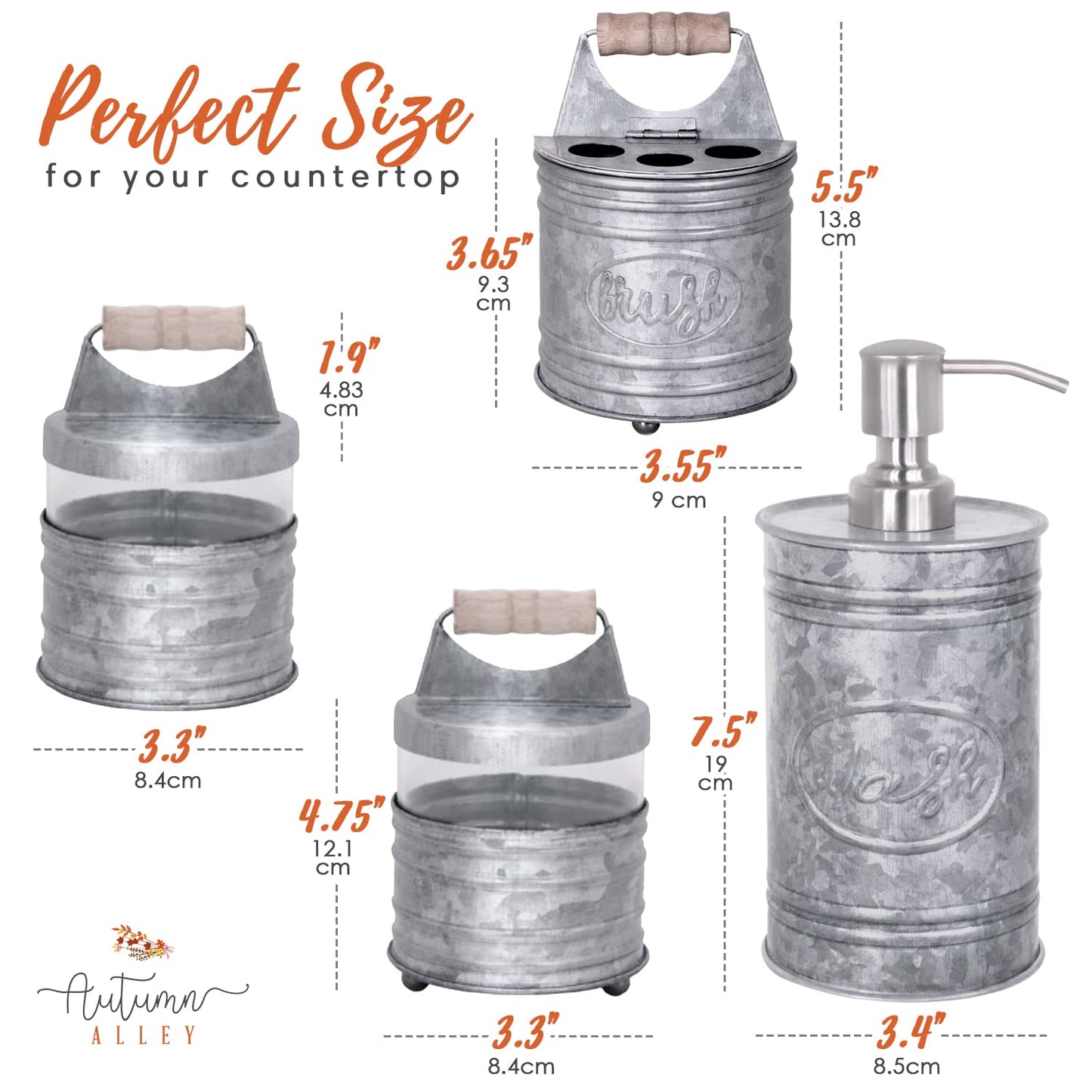 Autumn Alley Rustic Bathroom Accessories Set 4 - Galvanized Soap Dispenser, Rustic Toothbrush Holder, 2 Apothecary Jars Qtip Holder - Western Bathroom Decor – Farmhouse Bathroom Decor Accessories