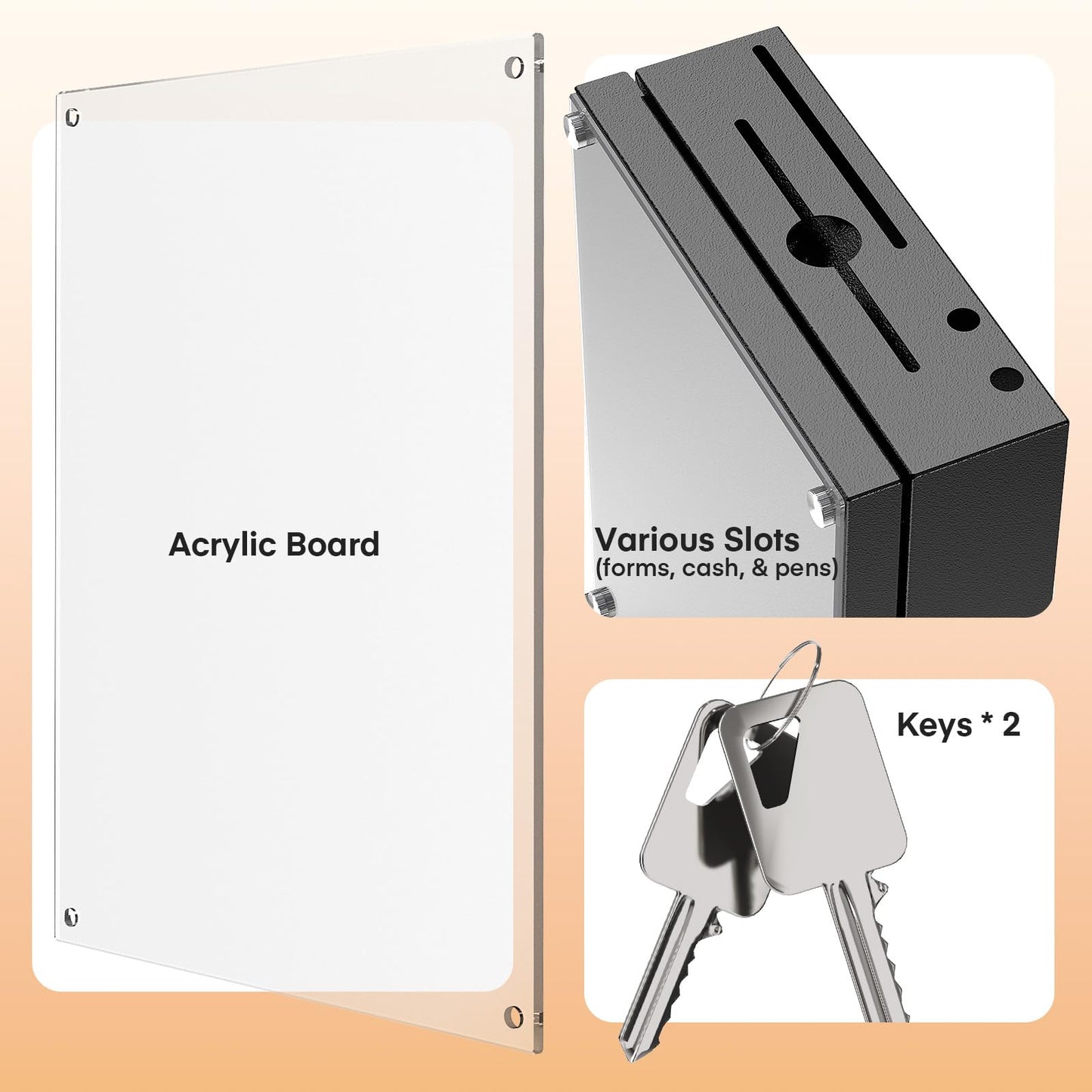 Metateel Suggestion Box with Slot and Lock-Wall Mount Option, Metal Ballot Box with Acrylic Panel for Voting, Black Donation Case with Key Drop Slot and Safe Lock for Fundraising, Hotel and Office Use