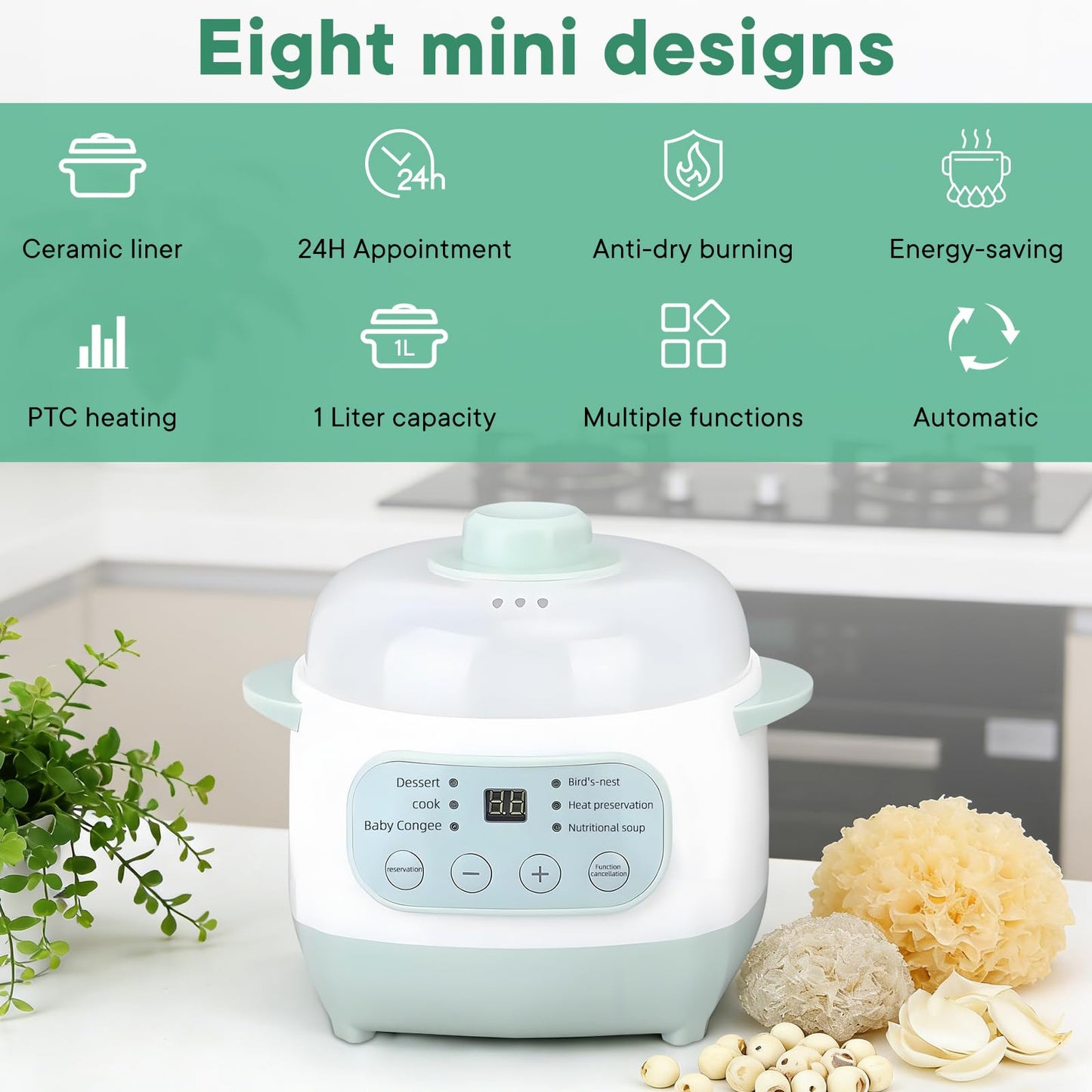 Green 1L Mini Slow Cooker with Steamer Basket, 200W Smart Ceramic Electric Stew Pot, 24-Hour Timer & Auto Keep-Warm, Dry-Burn Protection, Kitchen Cooking Appliance