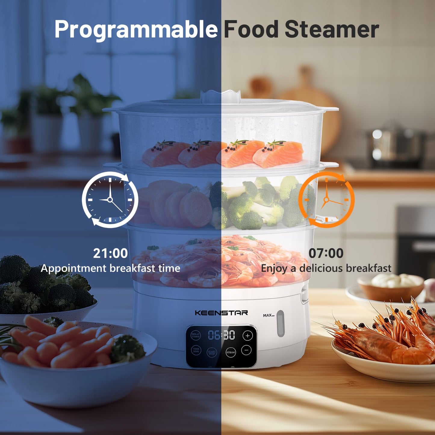 Electric Food Steamer, 13.7QT Vegetable Steamer with Stackable 3 Tiers BPA-Free Baskets, Digital Steamer with Appointment and Timer, 800W Simultaneous Cooking, Ideal for Veggies Seafood Rice White