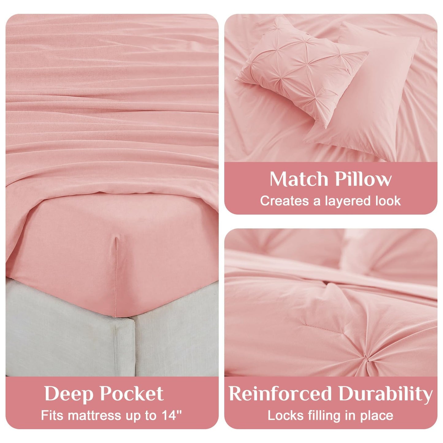 JOLLYVOGUE Queen Comforter Set 7 Pieces - Bed in a Bag Queen for All Season, Pintuck Bedding Comforter Sets with Comforter, Flat Sheet, Fitted Sheet and Pillowcases & Shams, Pink