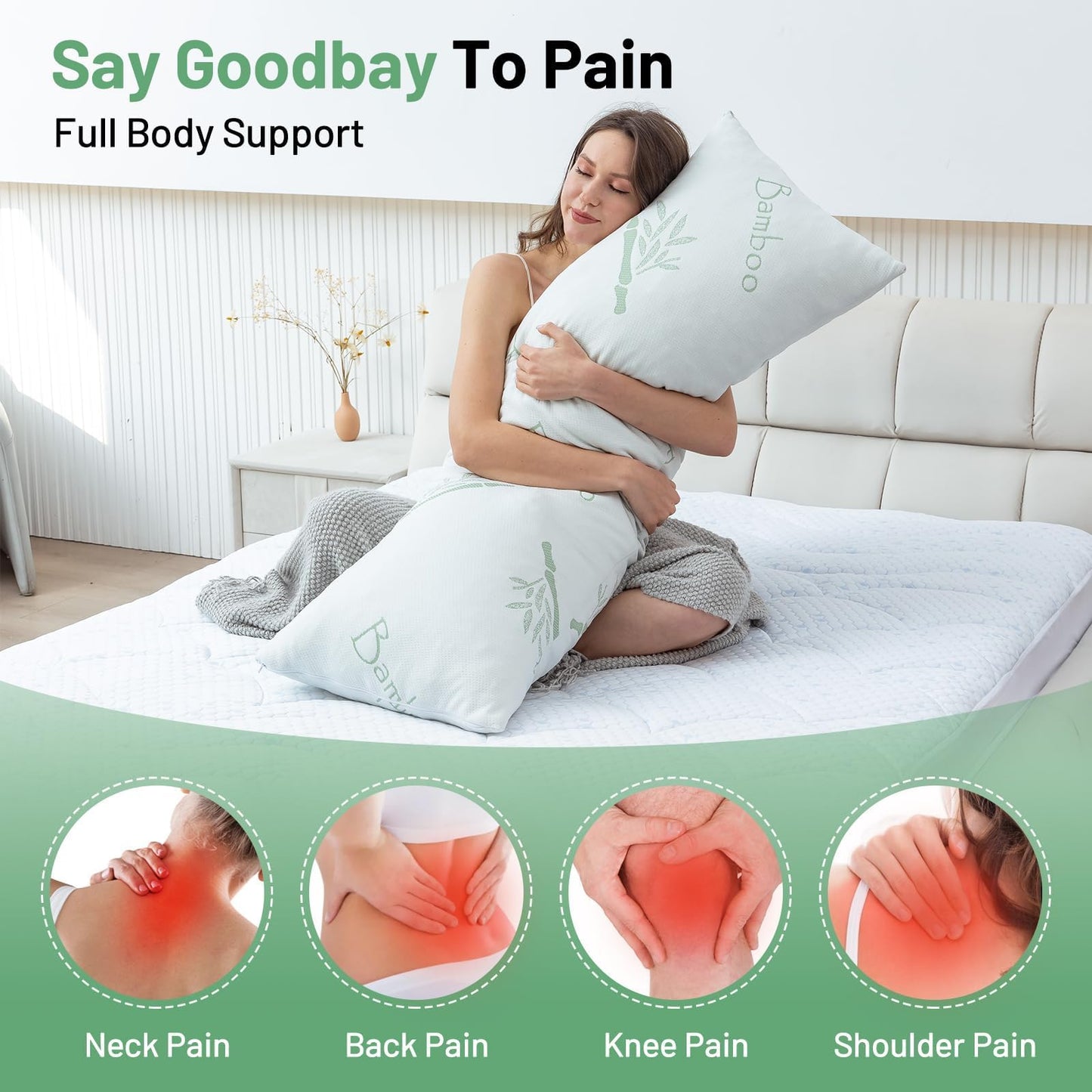 Primesoft Body Pillow for Adults, Memory Foam Long Pillow for Side Sleeper, Fluffy and Firm Full Body Pillow with Removable Pillowcase,Adjustable Filling,20×54 Inch,Green