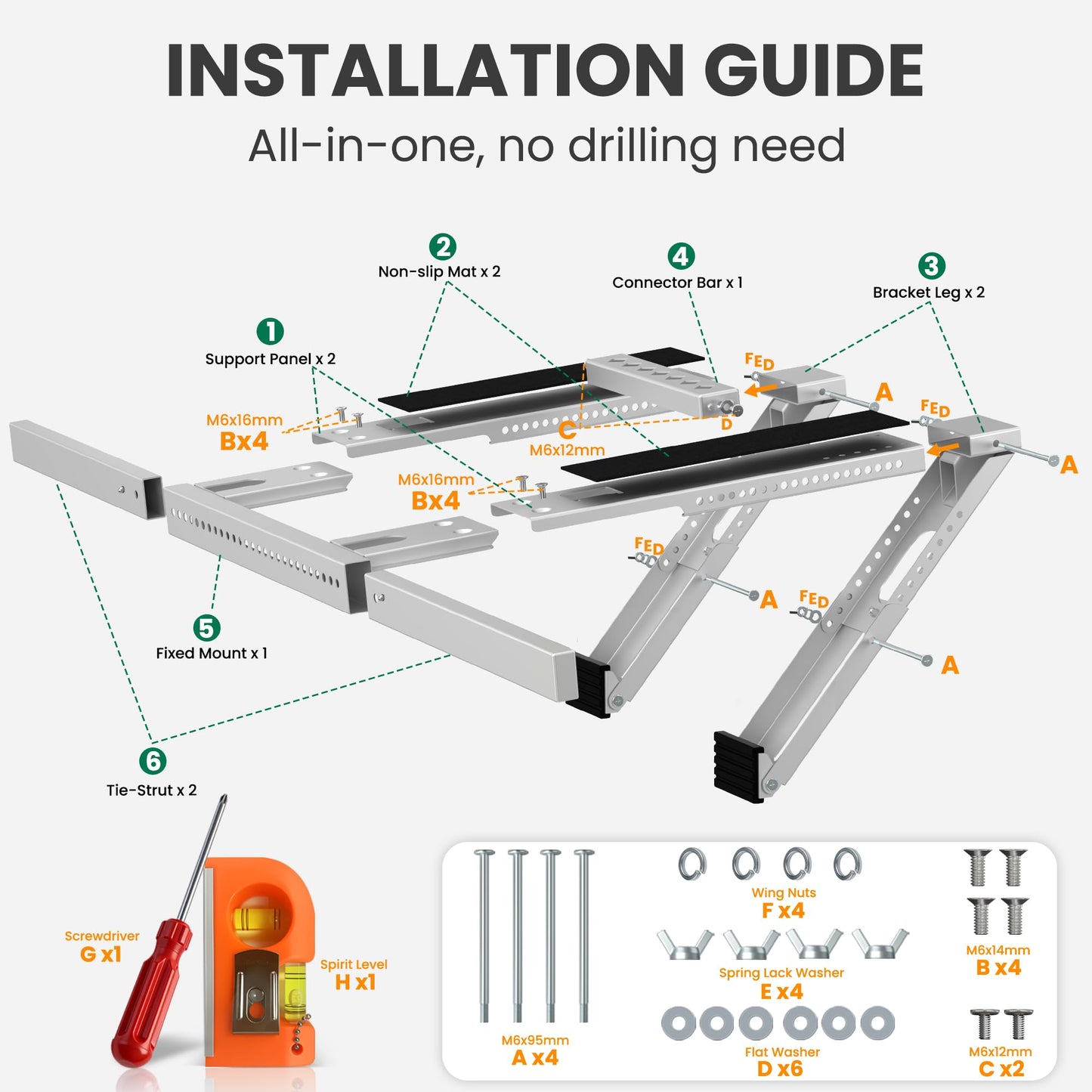 Plusluck Air Conditioner Bracket No Drill: Heavy Duty Holder with Bubble Level for 350lbs AC Units, Adjustable Width, No Tools Needed, Fits Single & Double Hung Windows, 5000-24000 BTU Coverage