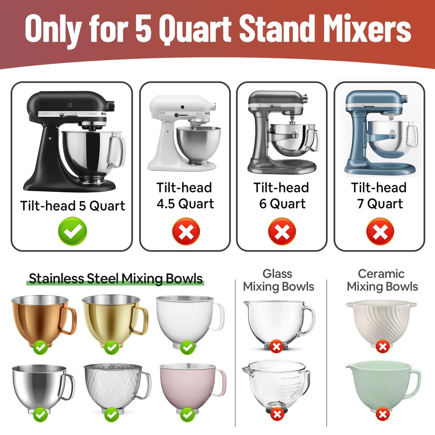 3-Pack Silicone Bowl Liners & Lids for KitchenAid Tilt-Head 5 Qt Stand Mixers Dishwasher Safe, Heat & Cold Resistant, Mixing Bowl Insert Accessories