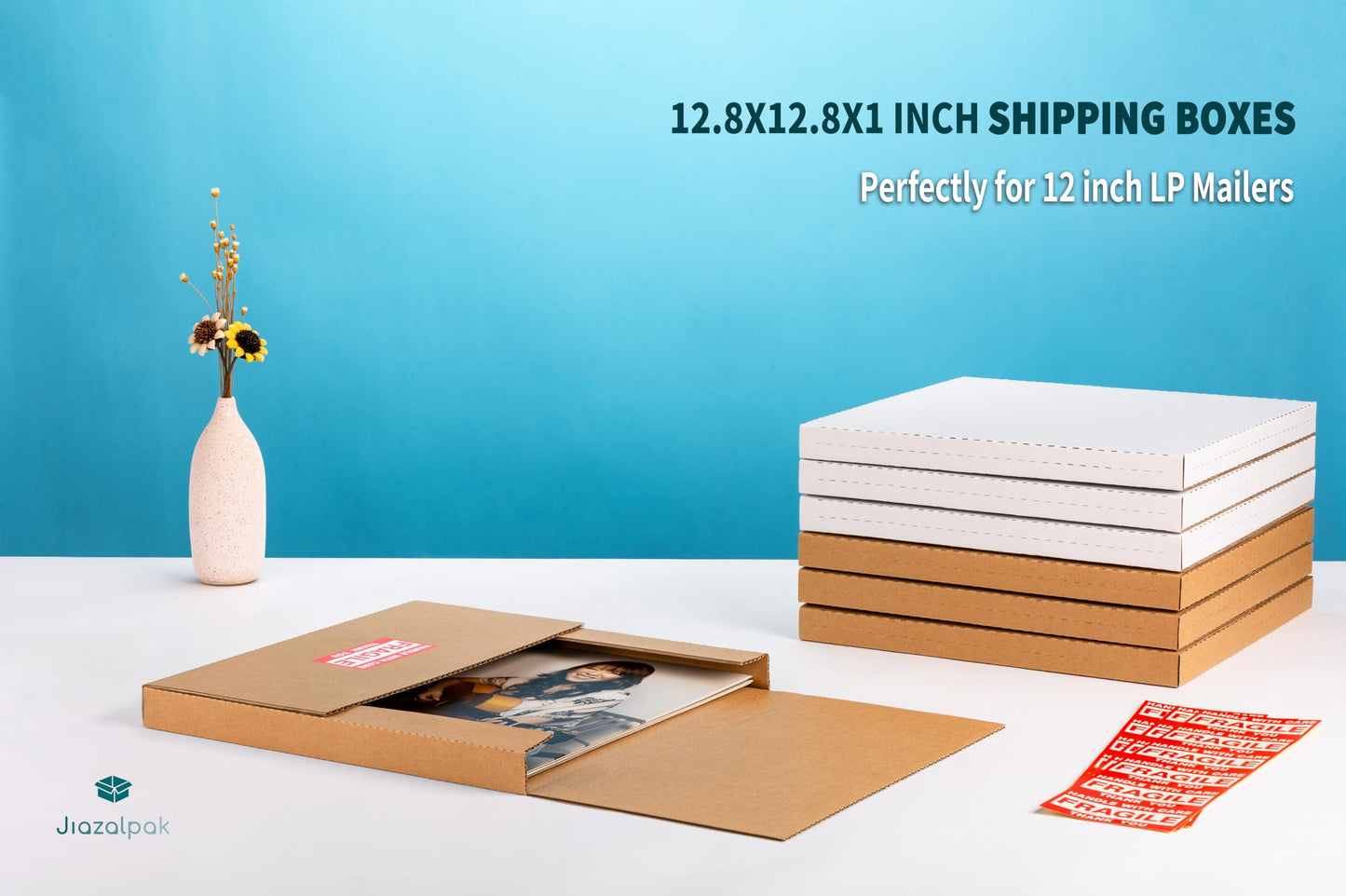 Jiazalpak 12-inch Vinyl Record Shipping Boxes, 12.8x12.8x1 inch, Easy-Fold, Multi-Depth LP Mailers with Fragile Stickers, Brown, 15 Pack