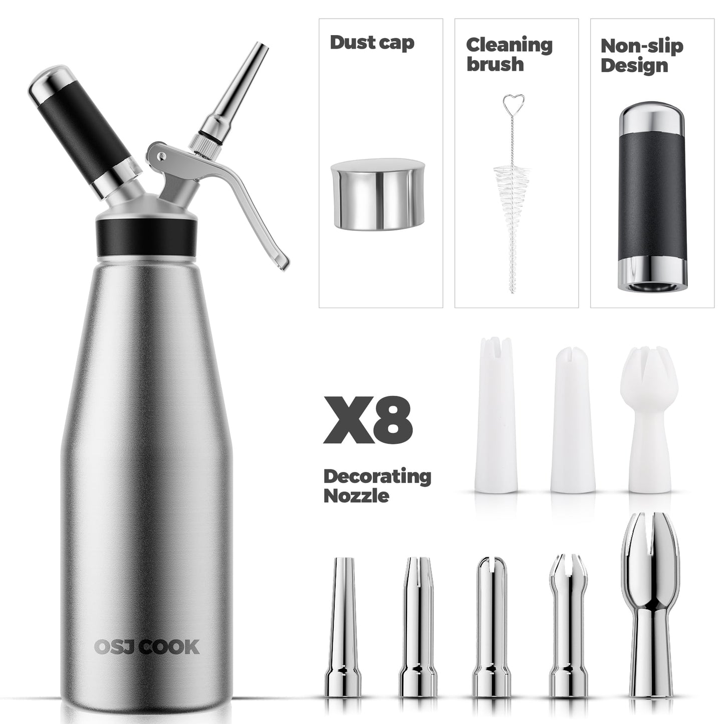 Professional Aluminum Whipped Cream Dispenser - 1000 mL/2 Pint,Leak-Free Whipped Cream Maker Canister with 8 Decorating Nozzles & Cleaning Brush - N2O Chargers (Not Included) (Silver, 1000ml)
