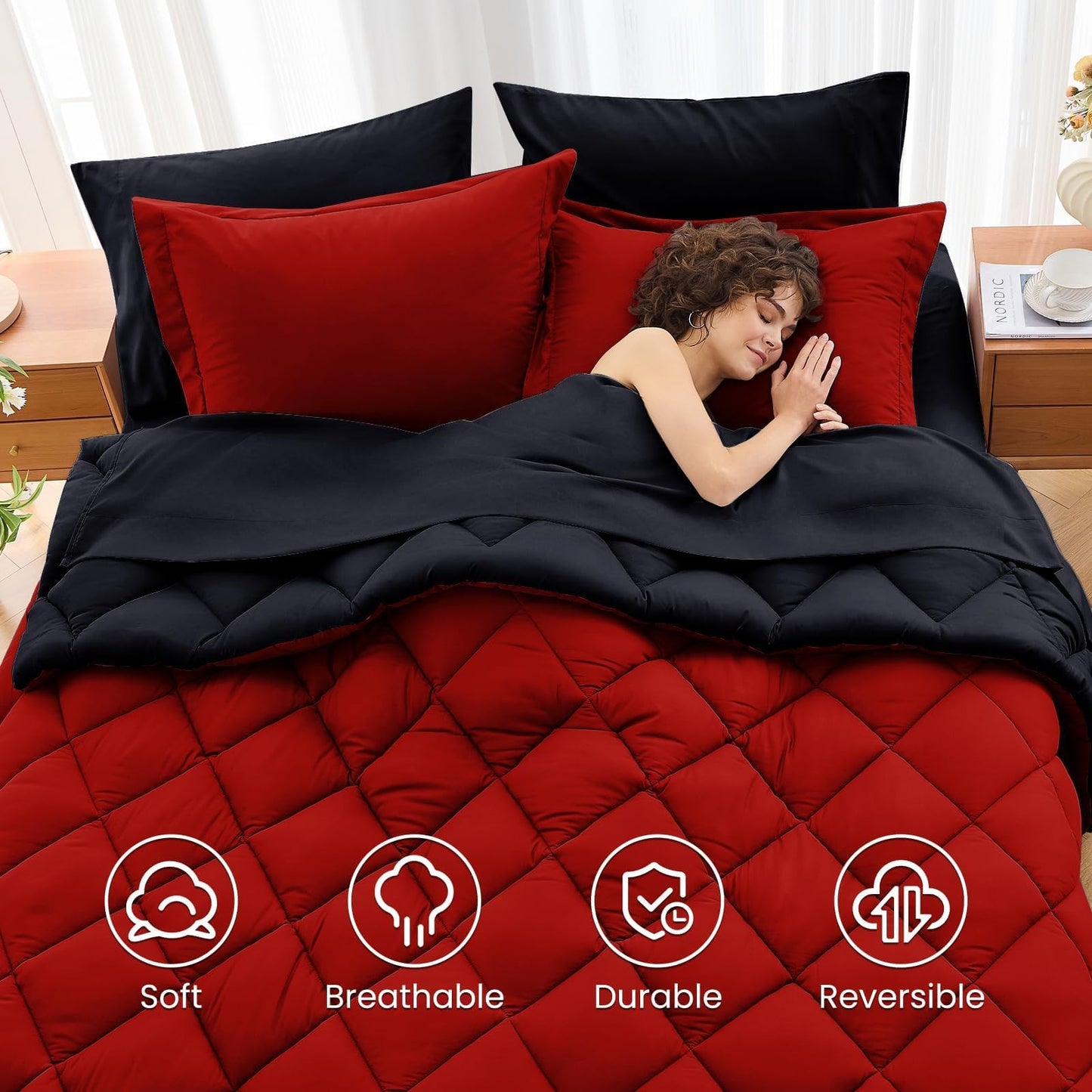 MUXHOMO 7 Pieces Full Comforter Set, Reversible Bed in a Bag Full Size, All Season Bedding Set with Comforter, Flat Sheet, Fitted Sheet, Pillowcases & Shams, Red & Black