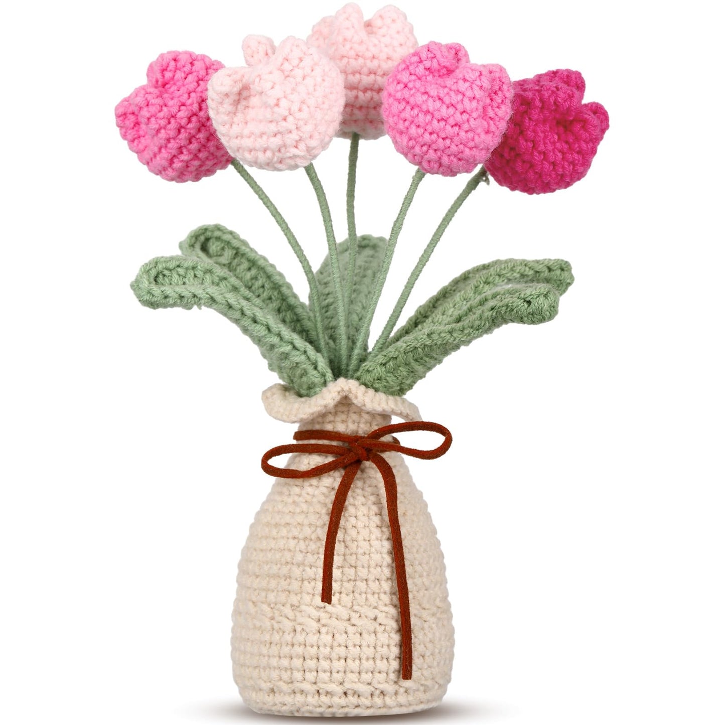 Marsui Crochet Knitting Tulip Bouquet with Vase 7" Knitted Artificial Forever Tulip Handmade Woven Flower with Exquisite Pot Gift for Father's Gifts Back to School Gift Family Home Desk Decor(Pink)