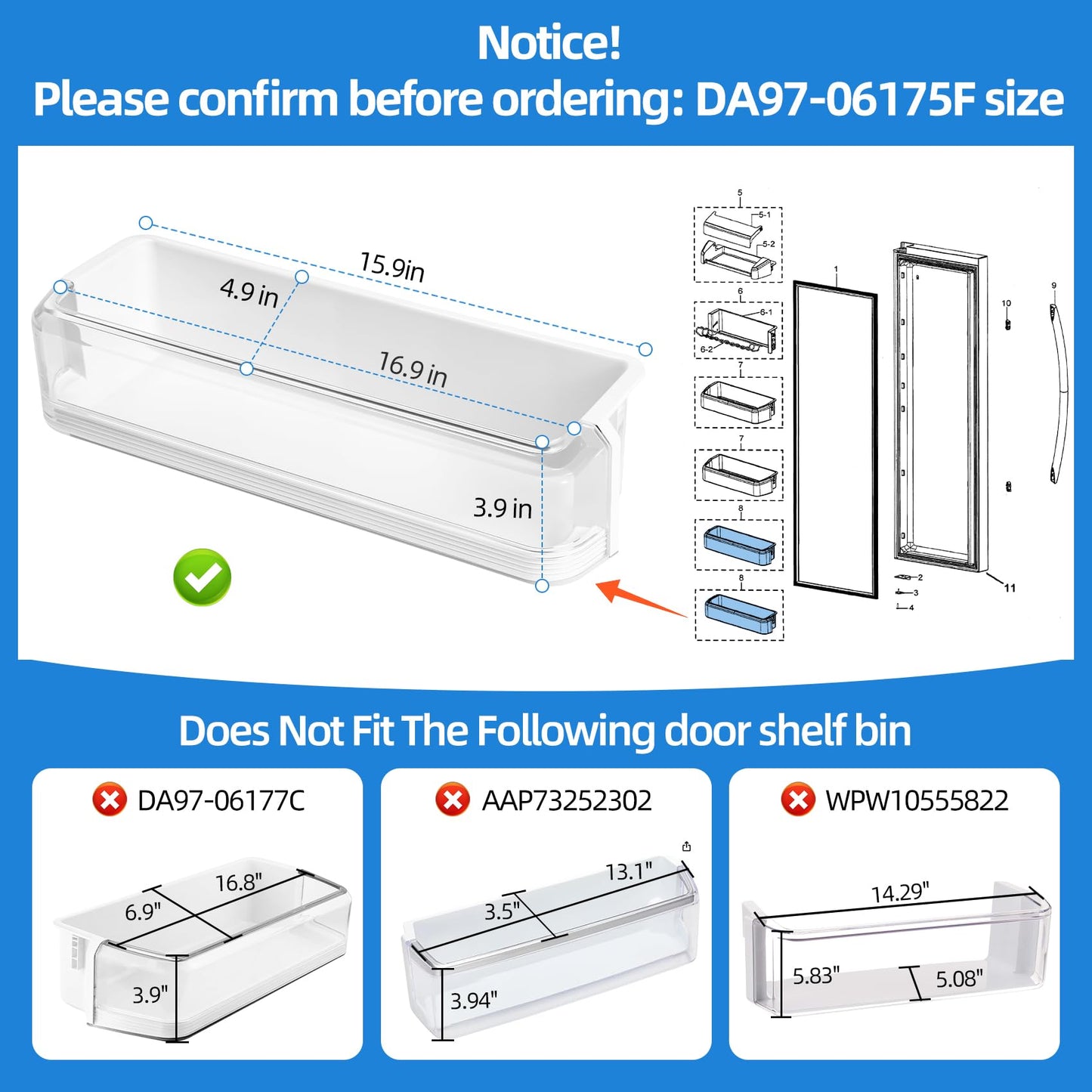 DA97-06175F Refrigerator Door Bin Compatible with Kenmore Samsung Refrigerator Door Shelf RS22HDHPNSR RS22HDHPNBC RS22HDHPNWW RSG257AARS RSG257AAWP RSG257AAPN, Fridge Lower Shelf Guard Replacement