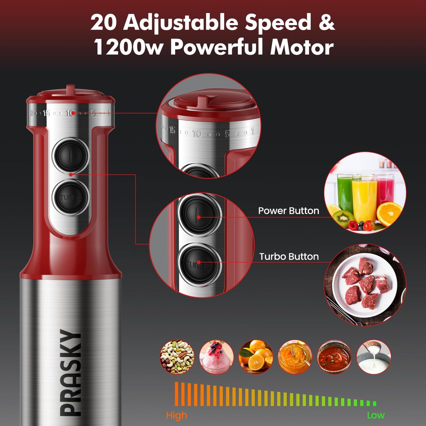 Immersion Blender Handheld 1200W, 5-in-1 Hand Blenders, 20 Speeds Hand Mixer, Stainless Steel Blades, Milk Frother Wand, Whisk, Beaker, Suitable for Kitchen, Protein Shakes and Baby Food (Red)
