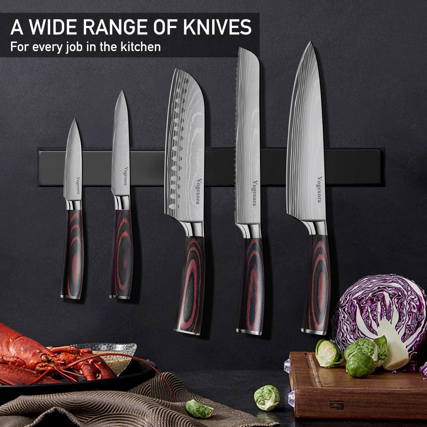 Vorgexora 5 Pcs Chefs Kitchen Sharp Knife Set - Japanese Professional Cooking Cutting Knives for Meat Vegetable Bread and Paring, High Carbon Stainless Steel Santoku