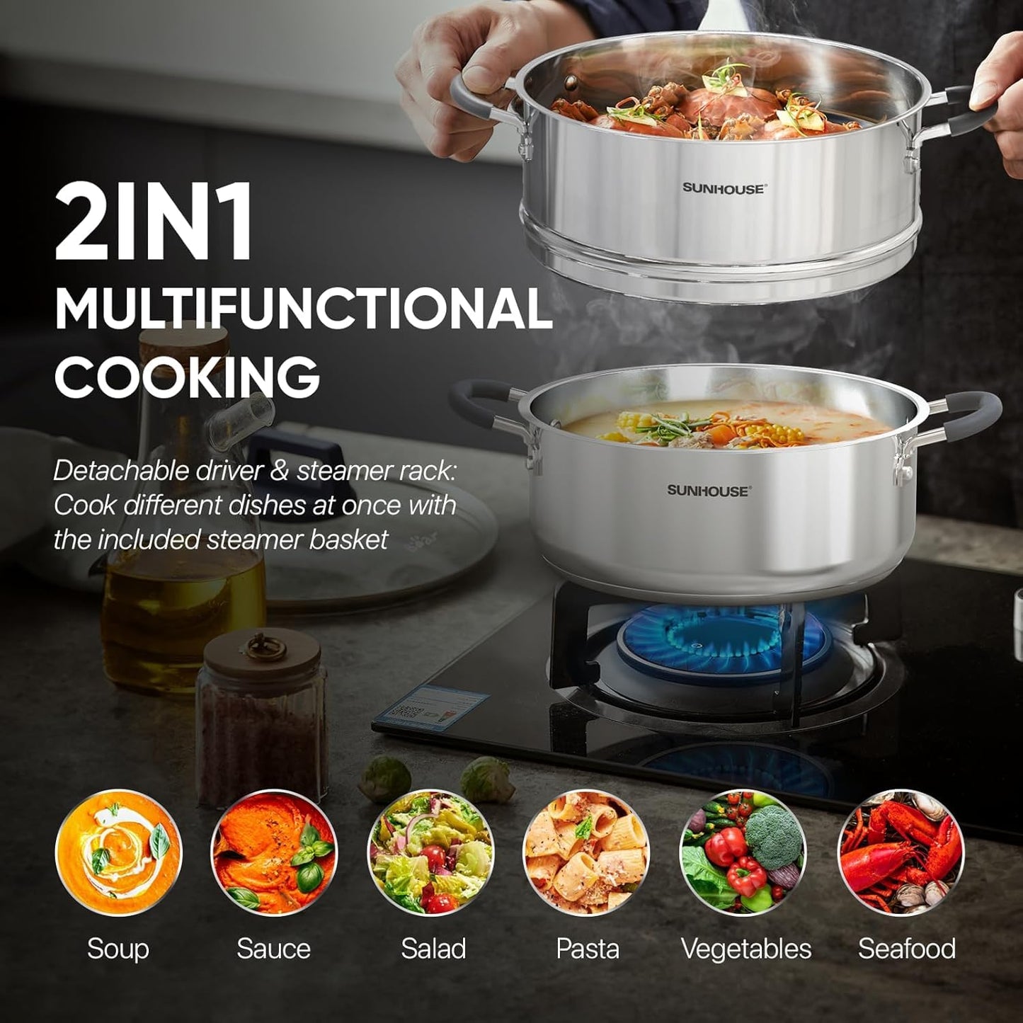 SUNHOUSE Stainless Steel Steamer Pot for Cooking - 5 QT Steaming Pot with Glass Lid & Steamer Basket - 2 Tier Tri-ply Vegetable Steamer with Stay-Cool Silicone Handles - Induction Compatible