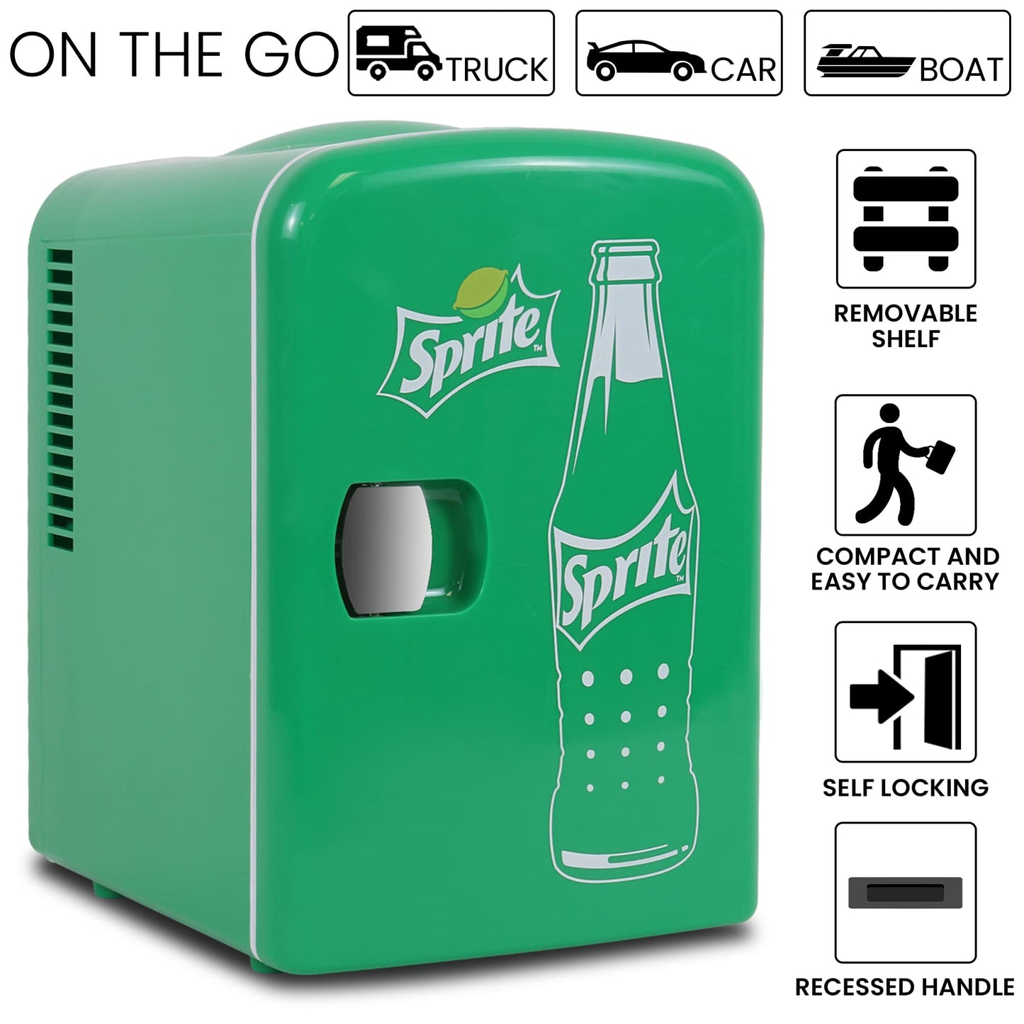 Coca-Cola Sprite 4L Cooler/Warmer w/ 12V DC and 110V AC Cords, 6 Can Portable Mini Fridge, Personal Travel Refrigerator for Snacks Lunch Drinks Cosmetics, Desk Home Office Dorm, Green