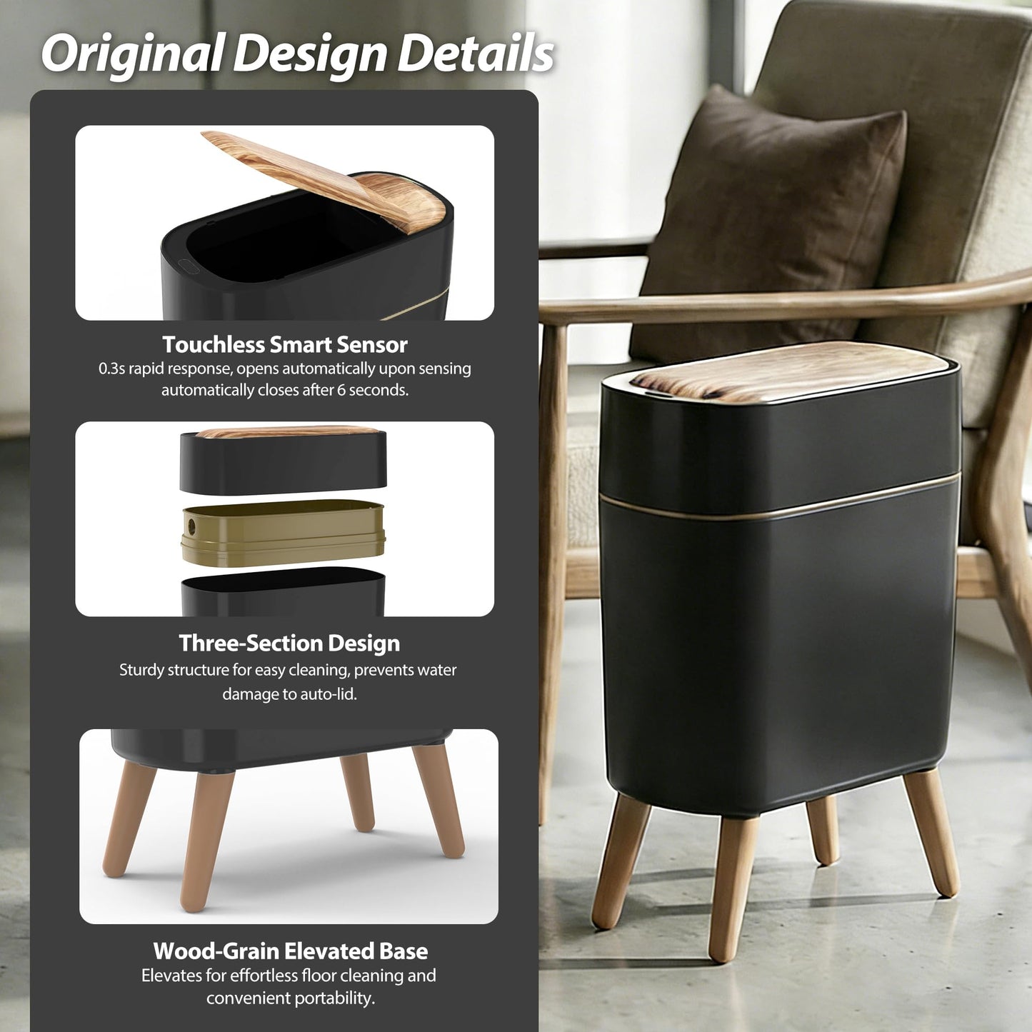 suyika Automatic Trash Can, 2.6 Gallon/10L Bathroom Trash Can with Lid - Wood Grain Lid and Legs, Touchless Waterproof Garbage Bin for Bedroom, Bathroom, Office, Living Room