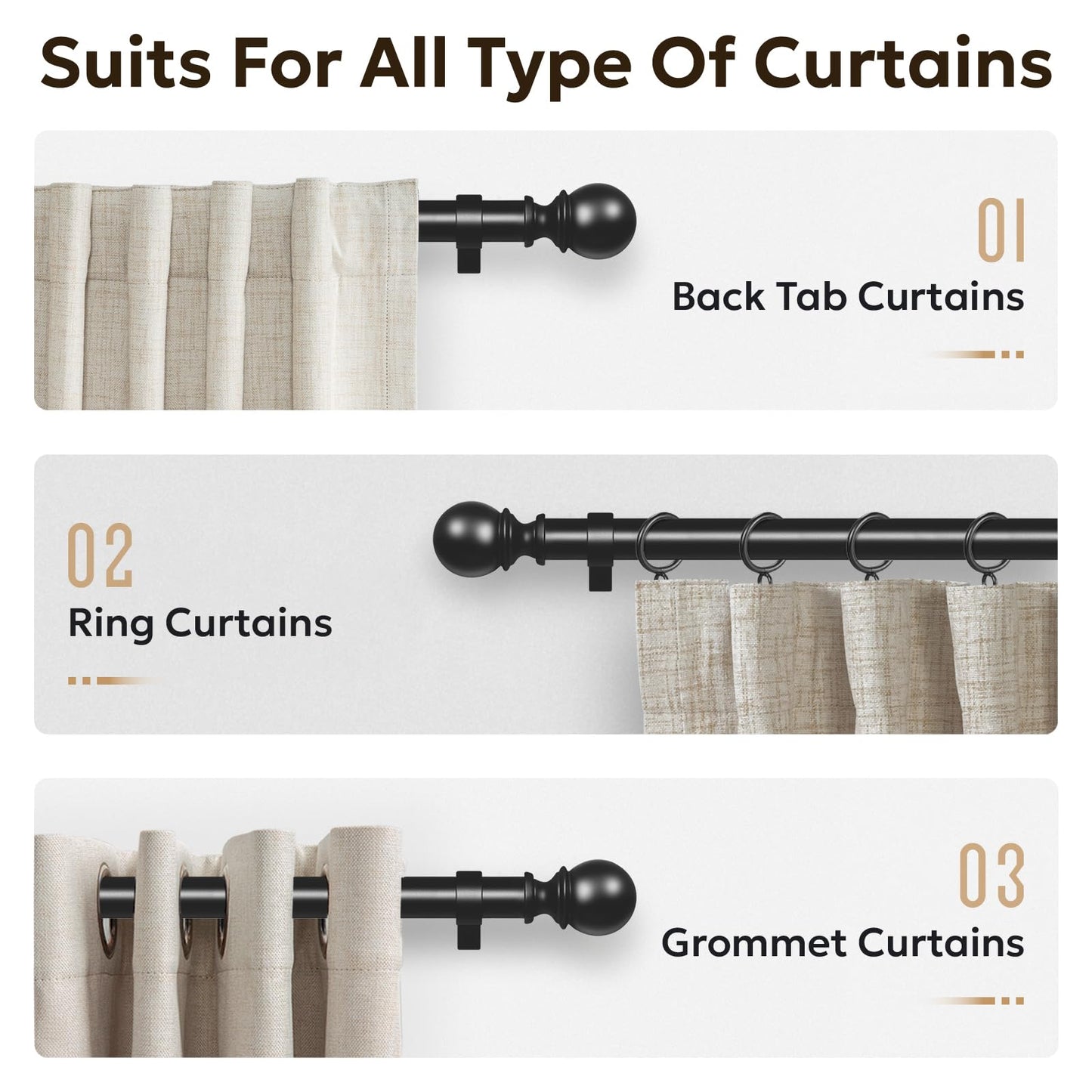 Zeerobee Curtain Rods for Windows 66 to 120, 1 Inch Adjustable Heavy Duty Black Curtain Rod, Outdoor Indoor Room Divider Modern Drapery Pole, 66-120"