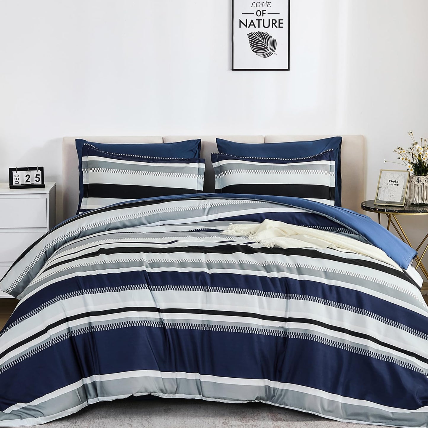 WONGS BEDDING Queen Comforter Set, 7 Pieces Navy Blue Comforter Set Queen Size, Soft Striped Bed in a Bag Bedding Set with Comforter, Flat Sheet, Fitted Sheet, Pillow Shams, Pillowcase