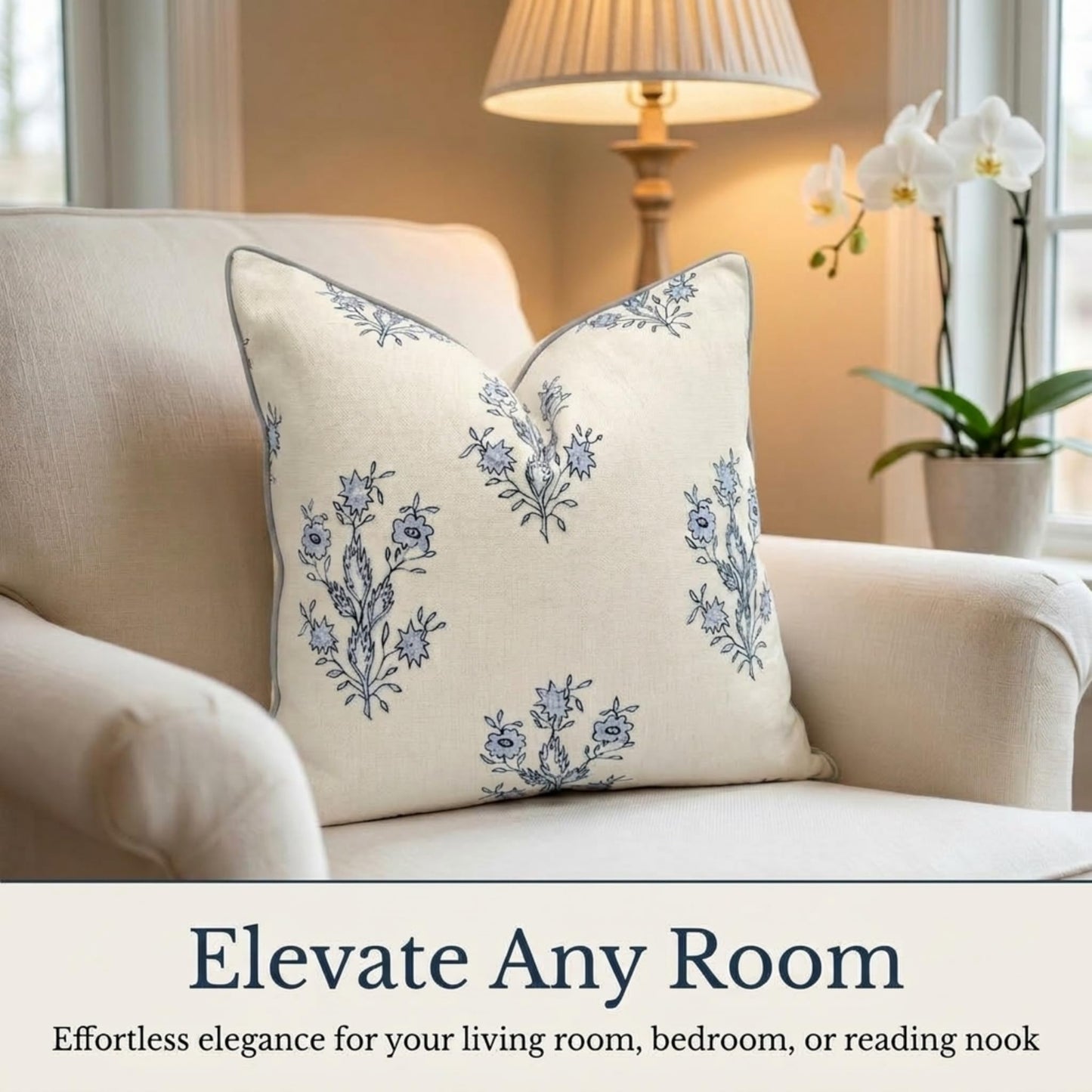 Jillien Harbor “The Mary” Blue and White Decorative Throw Pillow Cover – Floral Block Print Pillow Cover – Grandmillennial Home Decor, 19" x 19"