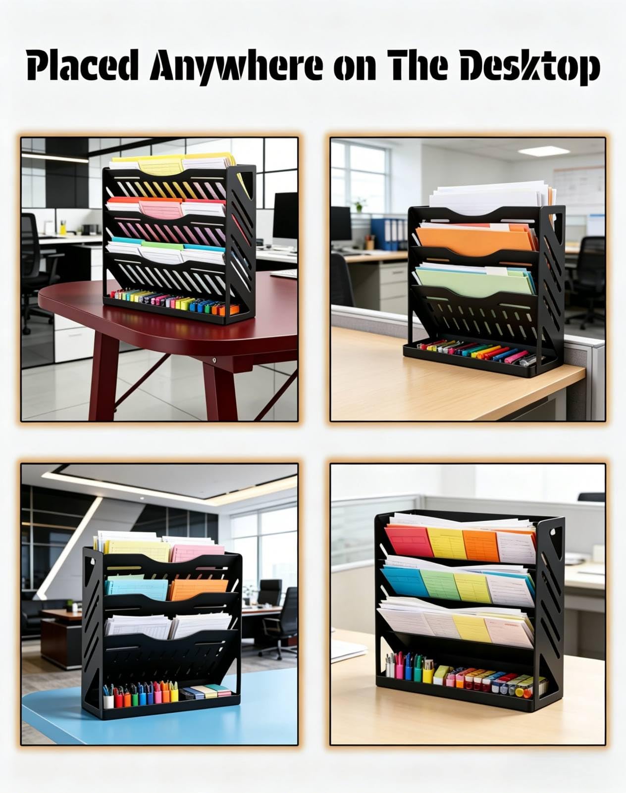 Yuxh 13 Inch Mail Organizer 4 Tier Bill Holder Metal Paper Tray Organizer with Bottom Tray for Clamp on Desktop or Wall Mounting