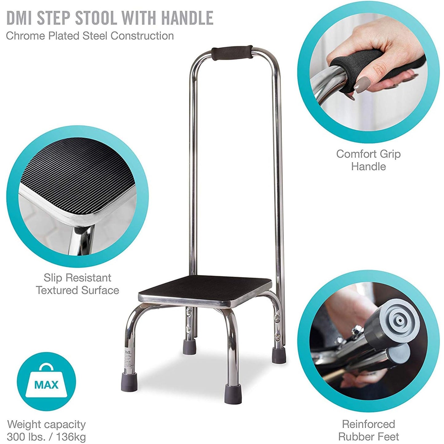 DMI Step Stool with Handle and Non Skid Rubber Platform, Lightweight and Sturdy Stool for Seniors, Adults and Children, Holds up to 300 Pounds with 9.5 Inch Step Up, 17.3"D x 12.3"W x 34"H, Chrome