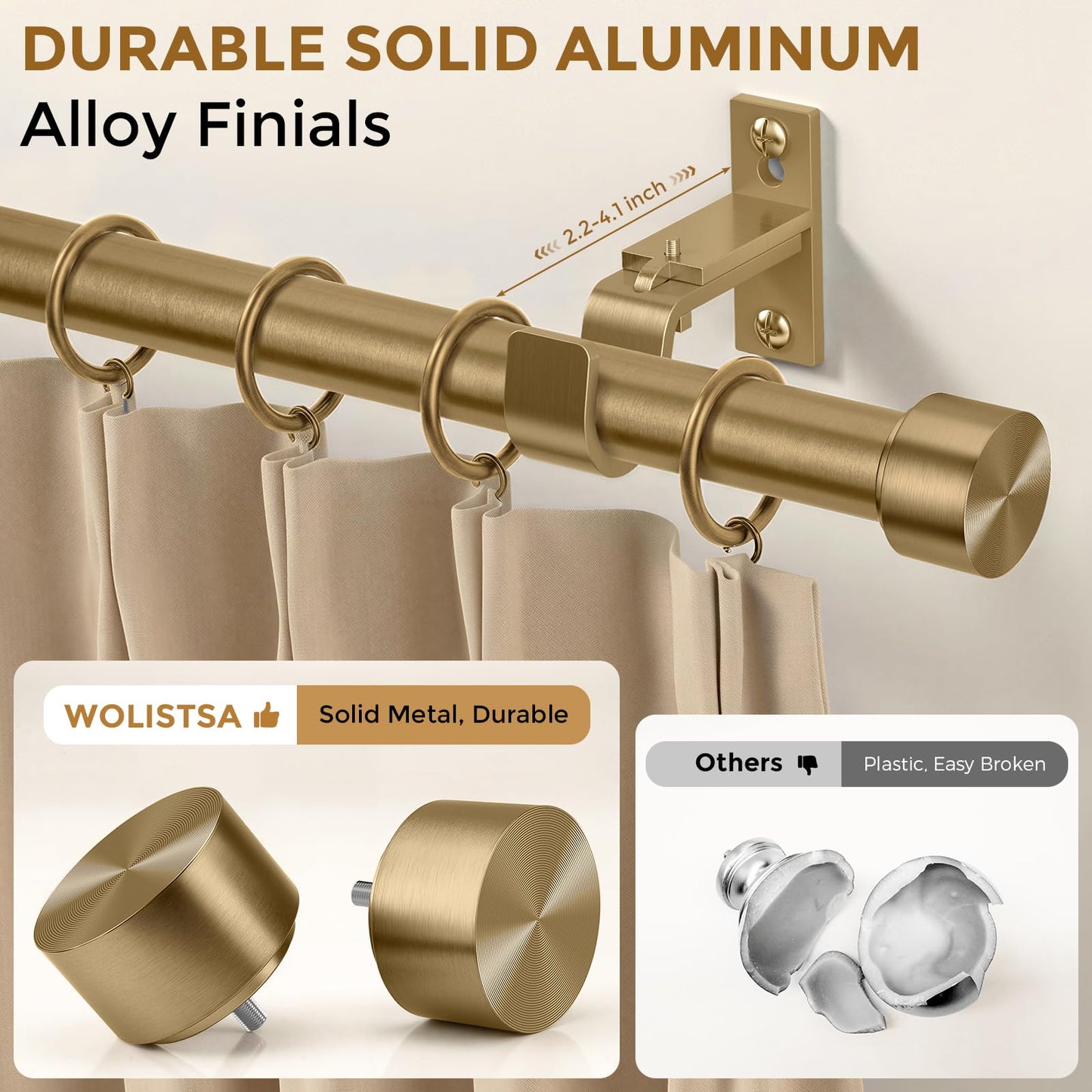 Wolistsa Brass Gold Curtain Rod 34 to 186 Inch, Brushed Warm Gold 1” Adjustable Extra Long Heavy Duty Curtain Rods for Windows, Decorative Antique Drapery Rods with Modern Solid Aluminum Finials