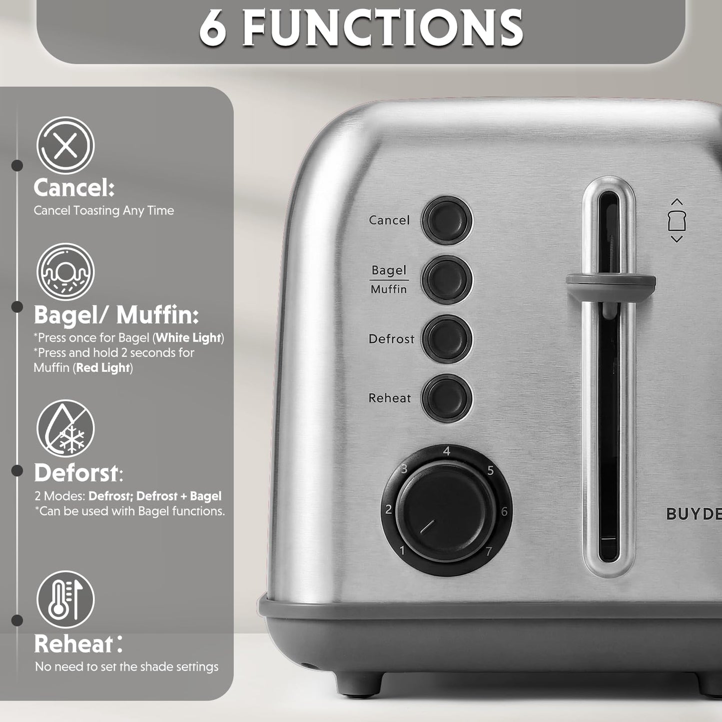 BUYDEEM DT620 2-Slice Toaster, 7 Shade Settings, Extra Wide 1.5'' Slots for Bagel & English Muffin, 6 Toasting Functions, Retro Stainless Steel Toaster with High Lift Lever, Silver