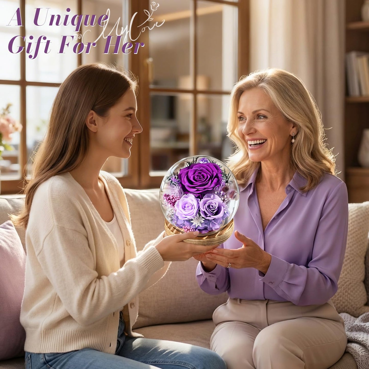 Waipfaru Flowers for Delivery Prime, Forever Fresh Preserved Flowers in Glass Dome, Eternal Purple Rose for Mother Birthday Gifts, Best for Women Girlfriend