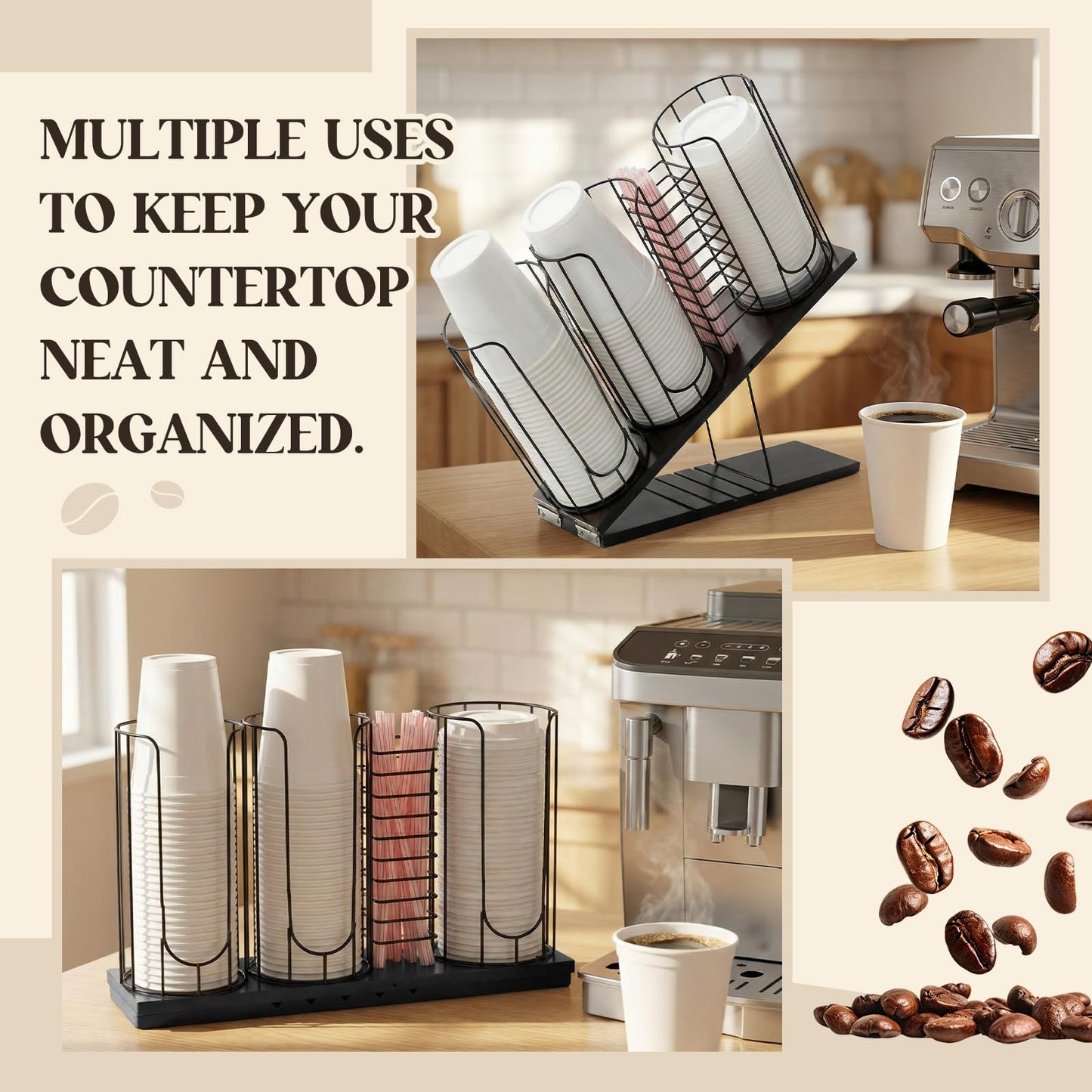Geelin Adjustable Coffee Cup Dispenser, 4-compartment Cup and Lid Holder, Metal Holder Organizer for Storing Paper Cups, Straws, Lids and Disposable Tableware for Coffee Bar Countertop Breakroom