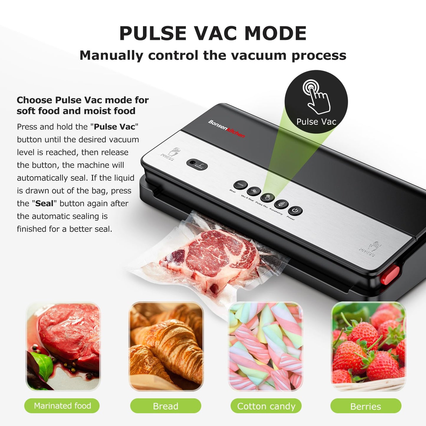 Bonsenkitchen Vacuum Sealer, Multi-Functional Food Sealer with 1 Roll Bag+ 50 Bags, Fast-Compact Design | Bag Storage | Built-in Cutter, External Vacuum System & Accessory Tube, Silver