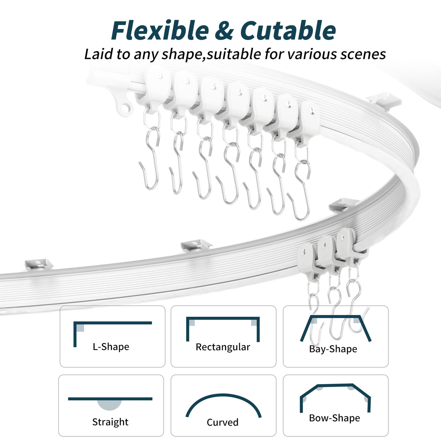 JIHXYER Flexible Bendable 16.4ft (5m) Curved Ceiling Mount Curtain Track, PVC White Matte, for Home, Office, RV, Bathroom