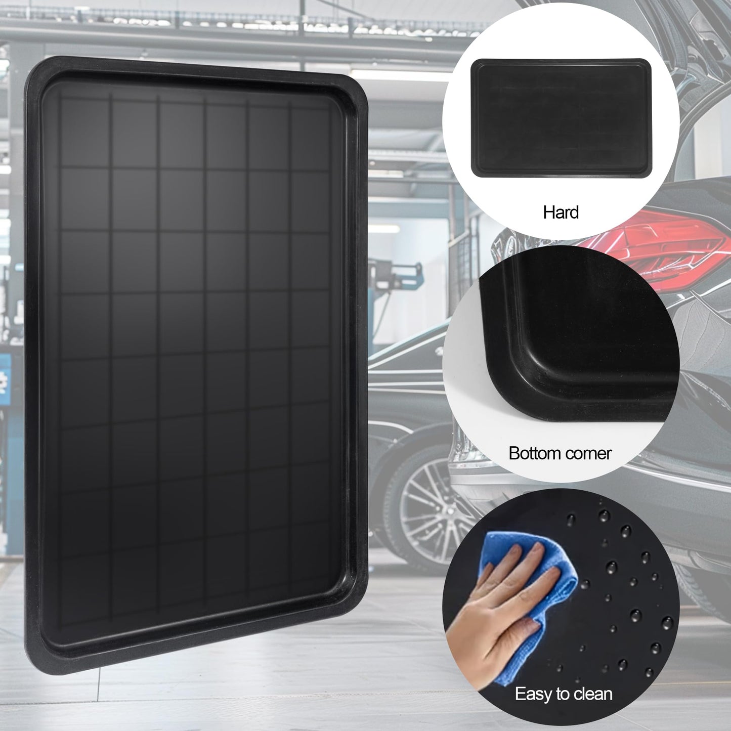 Halonik 3pc Black Plastic Rectangular Stackable Automotive Drip Pans, 35.2 x 23.4 Inches, Matte or Glossy Finish, 3pc Replacement Range Drip Pans, for Car Maintenance, Cleaning, Pet Care