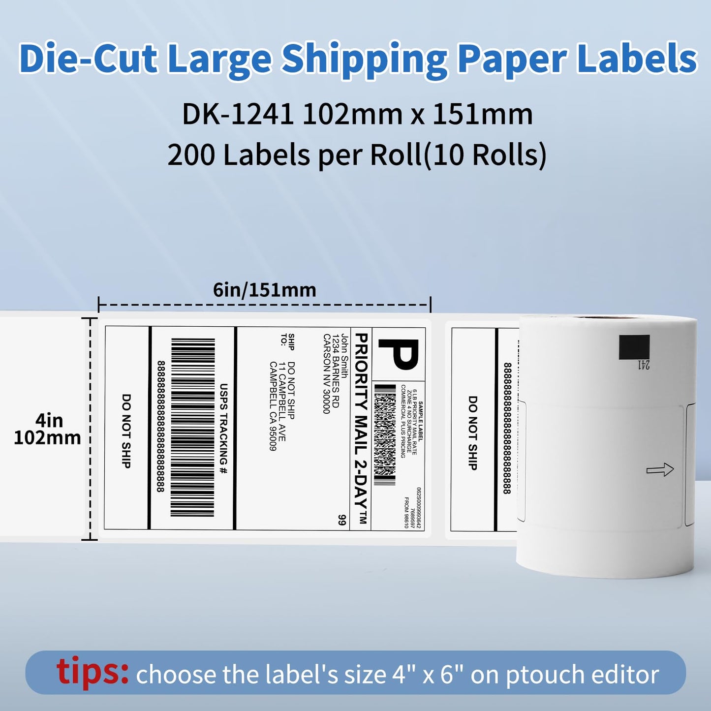 COLORTY Compatible with Brother DK-1241 Die-Cut 4" x 6" Large Shipping Label Roll(200/Roll), 102mm x 151mm White Paper Label for Brother Printer QL-1050 1050N 1060N 1100 1110NWB (10 Rolls + 1 Frame)