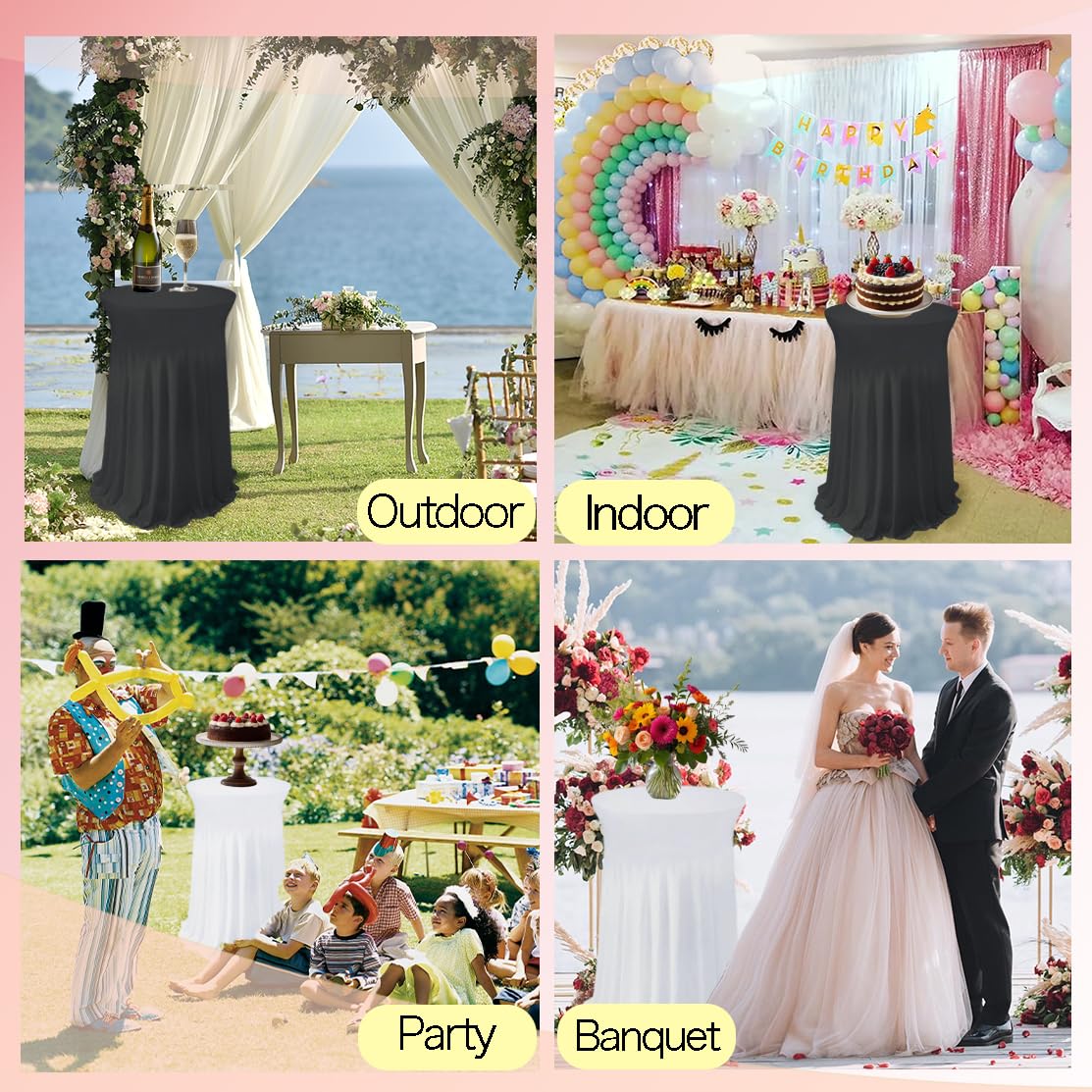 5 Pack Round Spandex Cocktail Table Tablecloths with Skirt, 32 x 43 Inch Black Stretch High Top Cocktail Table Covers Table Skirts Stretch Fitted Round Cocktail Table Cloths for Wedding Party Banquet